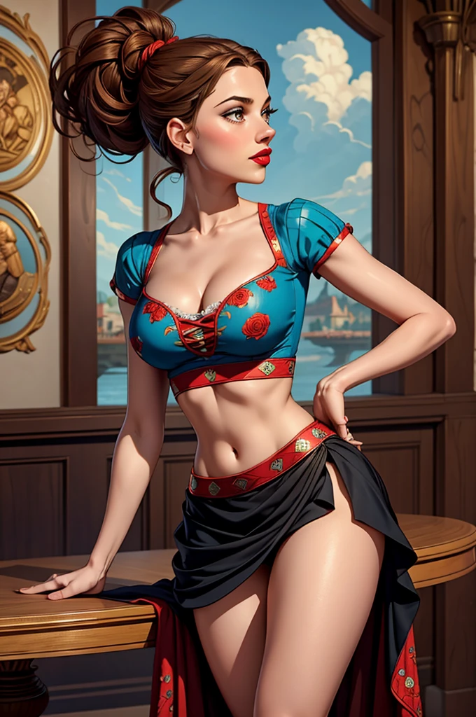 Balerina Gracefully Dancing, Honey Brown Hair, Very Long Hair, Chignon, Crop Top. Leaning-Over-Table, Messy Hair, Pale Skin, Red Lips, Skirt Wth Woodcut Patterns, Crop Top Wth Blue Rosemaled Designs. Midriff, Wide Smile, Eyes Detailed & Wide,Dynamic Pose. Ultra HD, Rococo-Inspired Fantasy Art With Intricate Details. Cute, Charming Expression, Alluring-Gaze, Beautiful Eyes, An-Ideal-Figure. Large Youthful Well-Shaped-Bosom, Attractive-Hind-Quarters. Massive-Round-Bosom, turning. Full Length Side Profile. Digital Painting, Intricate Details. Mesmerizingly mash up of Scarlett Johanson. Alison Brie & Selena Gomez
