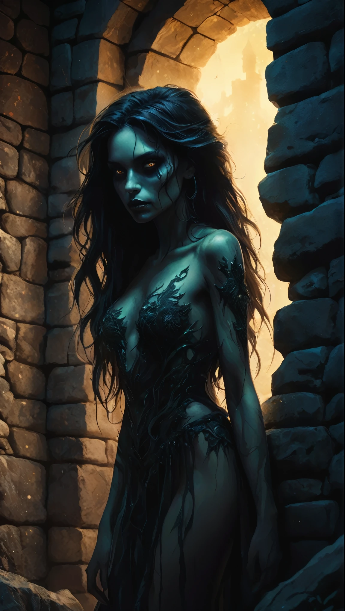 Ultra detailed illustration painting of a luminous and enchanting bad girl undead/human-like creature with dark hair standing leaning against a stone wall, dynamic pose, dimly lit dark fantasy realm enviroment, close mid shot, rule of thirds depth of field intricate details, concept art, subtle colors, fantastical realm, extremely detailed, ultra sharp focus, light particles, attention to detail, grandeur and awe, cinematic, stunning visual masterpiece, double exposure, 8k, photorealistic, strong outlines, cinematographic scene