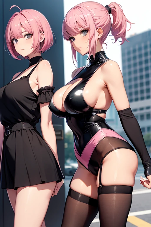 Girl,woman,shorthair,pink hair,ponytail hair,large breast,narrow waist,black eyes,short dress,black dress,leotard dress,