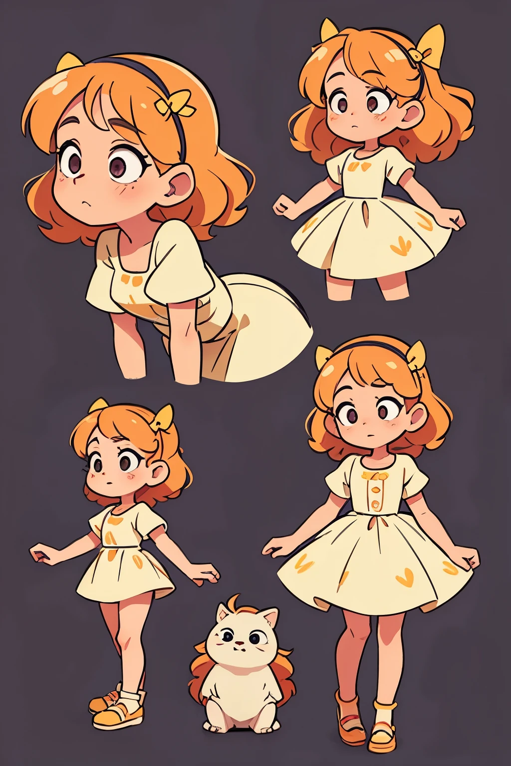 uma , with honey-colored curls and a bow, olhos brilhantes, usando um vestido florido e sapatos pretos, make her in multiple poses and expressions on a white background in a side view of her swimming
