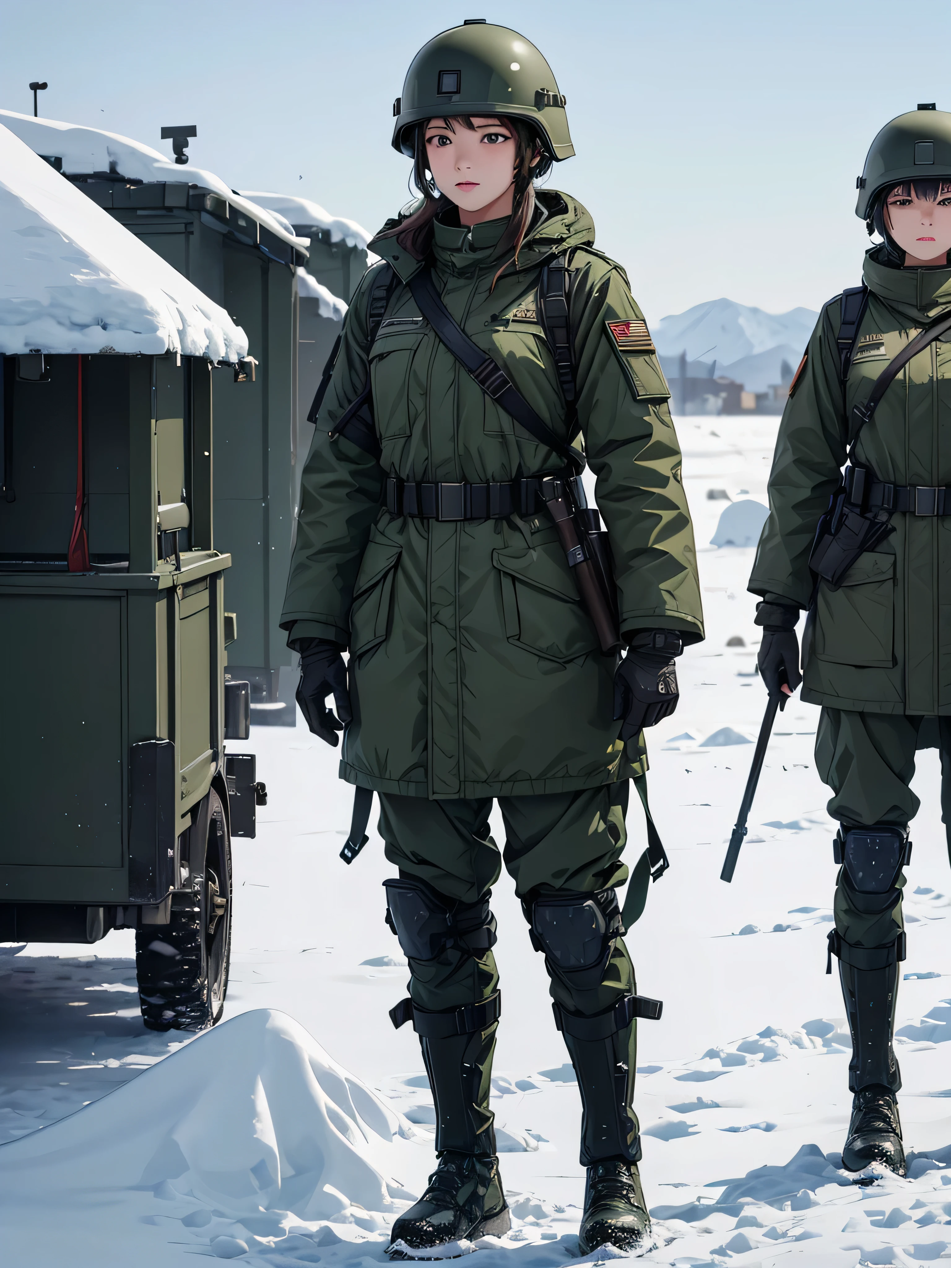 Two female soldiers wearing helmets、Wearing dark green M-51 military coat，whole body、Standing upright、Snowy military camp，masterpiece、best quality、Highly detailed CG、8K picture quality