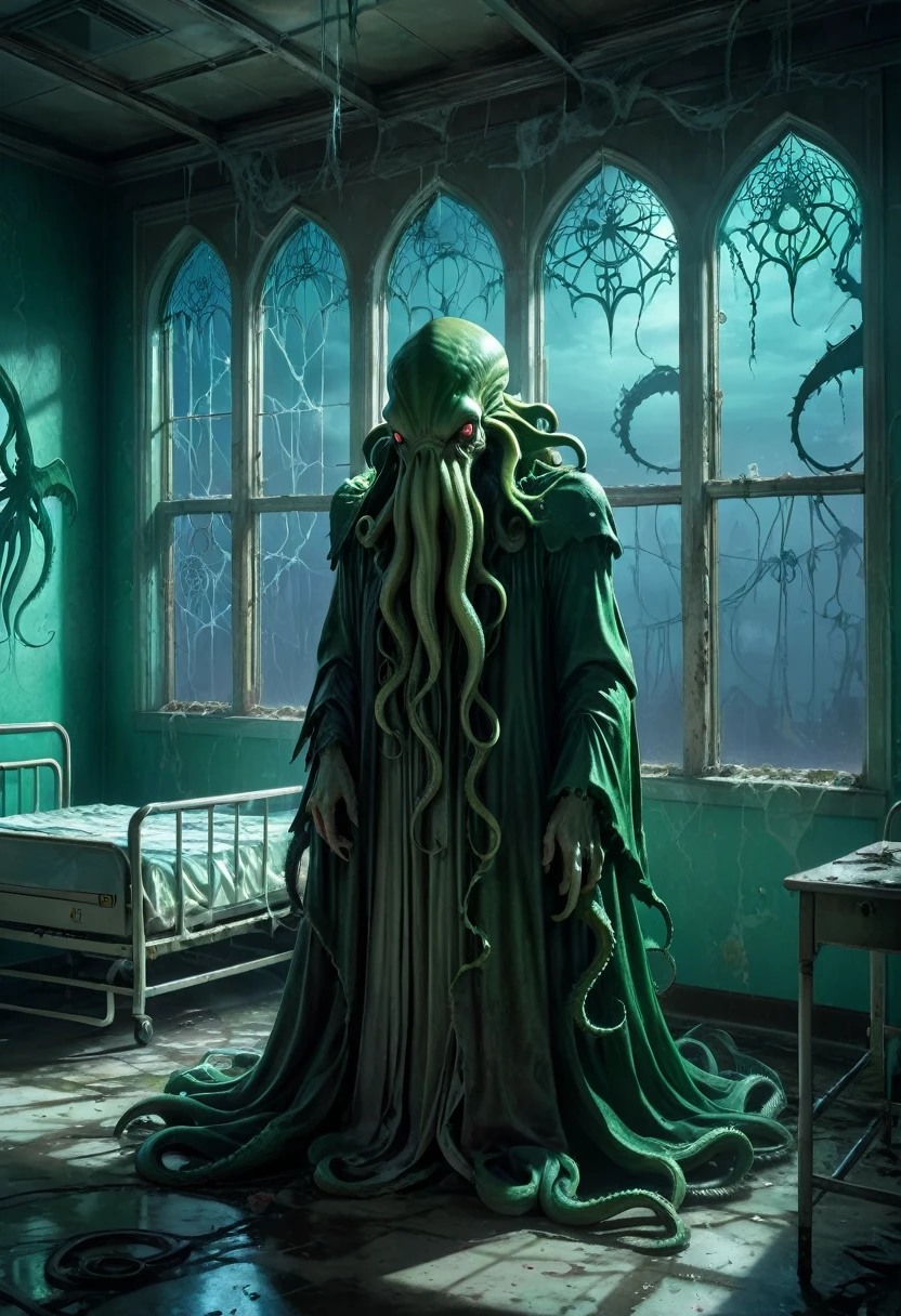 A Cthulhu creature standing in a dilapidated hospital ward，cobweb，Twisted metal bed，Peeling paint，Broken windows，Moonlight through，Shadows Lurk，Chiaroscuro lighting，Pastel color palette，（Best quality，4k，8k，masterpiece：1.2），Ultra Detail，fear，Gothic