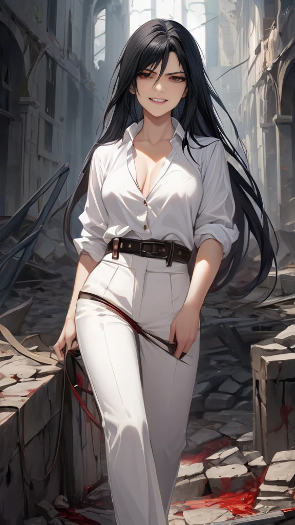 In a white blouse and long white trousers, a woman with waist-length straight black hair, red eyes, and a sinister grin embodies traits of cruelty, torture, desire, deception, acknowledgment, rebellion, despair, destruction, extinction, ruin, murder Manipulative, fearless, and cunning.