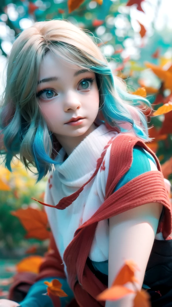 (High Detail:1.2) Anime Girl, (Cinematic Lighting, Delicate Colors), (Falling Leaves:1.2), Lighting Calm, Wind, Fog. Turquoise, delta tones.