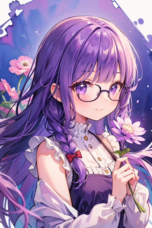 anime, watercolor medium, cute girl, has a single purple flower, Anemone, sweet, Pretty, purple hair, long hair, Braid, long eyelashes, glasses, smile, purple flower, Anemone back ground, pouring light, dress, front view, upper body, dutch angle shot