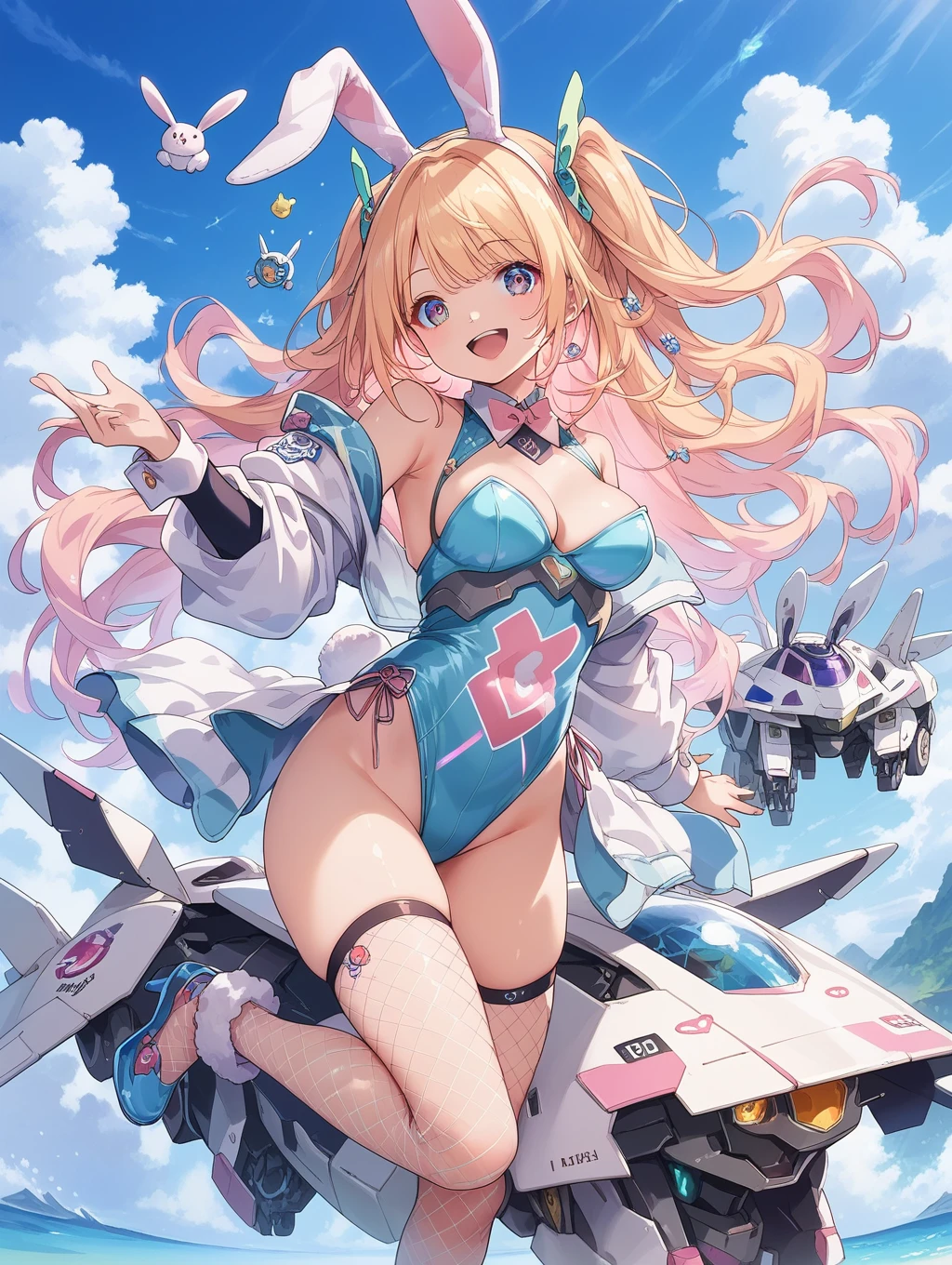 score_9, score_8_up, score_7_up, source_anime, masterpiece, best quality, high resolution, extremely detailed CG, absurdres, 1girl, cute sexy mecha girl in bunny suit, mecha bunny ears, fake animal ears, mecha armor,happy, kawaii, sky, jump, fishnet_thighhighs, large_breasts