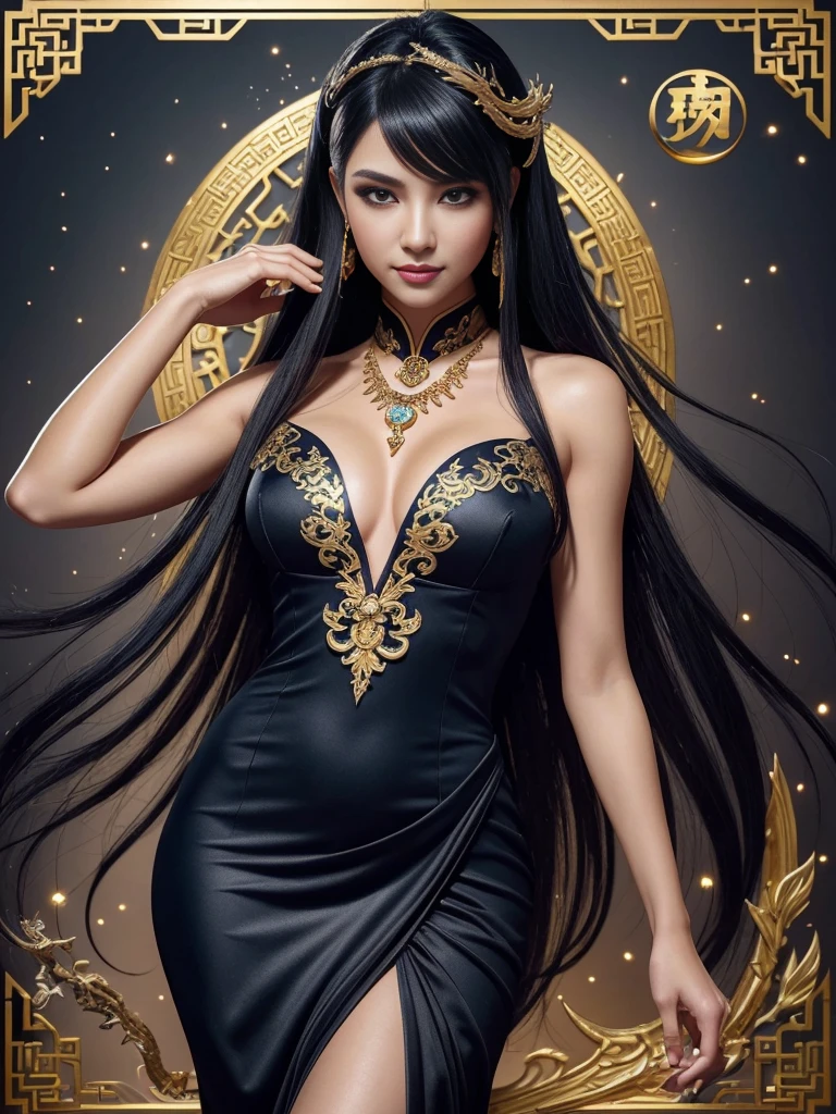 Adult woman, navy blue hair, The ends of gray hair, hairlong, beautiful hairstyle, hair ornament, white eyes, Chinese Clothing, Ornaments, Rings, Heels, Ancient Chinese themes, looking a viewer, Happy smile, overhead view, Lies on the money, gold coins, A mountain of money, Fantasy art, Beautiful painting of characters, Works of art in the style of Guvaika, epic exquisite character art, stunning character art, Beautiful rich Woman, perspective, really happy, closed eye, overhead view(reference sheet:1.5)anime, flat vector art, {stunning male Egyptian angel}, Luminous Studio graphics engine, goth Renaissance, long black hair with gold streaks, ethereal gold irises, tan skin, perfect and detailed angular sharp diamond shaped human face, Gold, Dragon tracing, full lips, {defined eyebrows}, crystals, glitter,Dragon detailed background, black uniform, sharp focus, perfect anatomy, extremely detailed illustration, approaching perfection, dynamic, intricate details, ultra high definition, 8k resolution, glamour, glimmer, ethereal, {art by Ayami Kojima}, {art by Heise}, artstation, aesthetic, gothic, Lace, concept art, smooth, dreamy, backlit, fantastical, shadows, smooth, illustration, androgynous