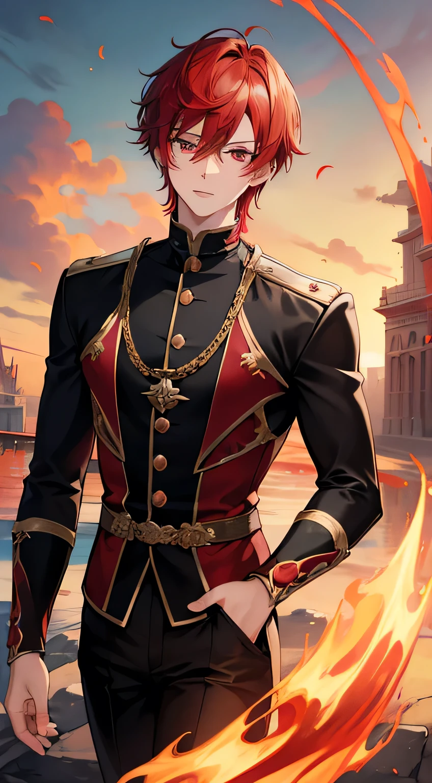 Anime,(masterpiece:1.5), highlydetailed, ultra-detailed, Anime, 1boy，solo，male, {red hair:red eyes},short detailed hair, wolfcut hairstyle, red clothing, black pants, chain, flower blossom red, higanbana, bloon on cheeks, {black and red flaming greatsword}，flame