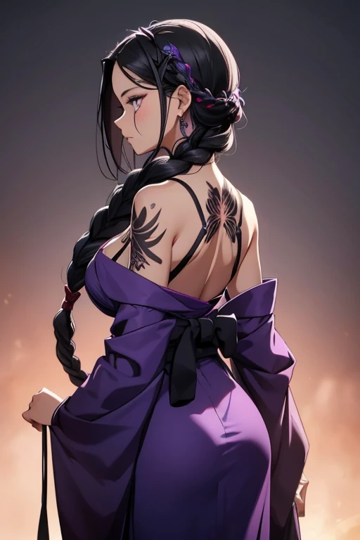 A woman adorned with long, cascading black braids, her olhos cor rosa gleam with an ethereal allure. Her clara pele is soft to the touch, accentuating delicate features that reveal a mystique. She is dressed in a short, cinza Yukata, its fabric whispering an air of refined simplicity. Across her back, the silhouette of a katana subtly suggests a warrior's spirit. Purple marks like tattoos adorn her arms, adding a touch of mystery.