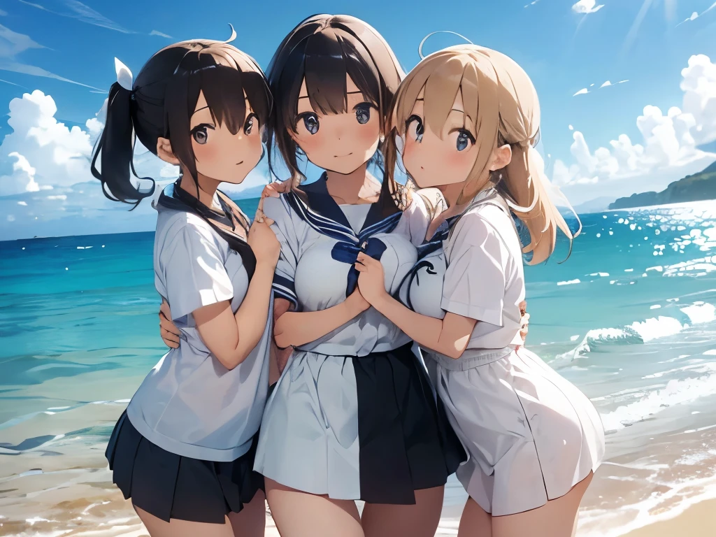 nsfw, bare breasts, 4girls, ((li:1.3)), baonsen, forehead and blunt bangs, glossy blonde hair and black hair, long hair and short hair, single braid, blue eyes and black eyes, beautiful detailed eyes, ahoge, ((blush:1.6)), clear sky, happy smile, wet:1.5, bath towel, sitting on the stone, small breasts, dynamic angle, ((show off nipple))