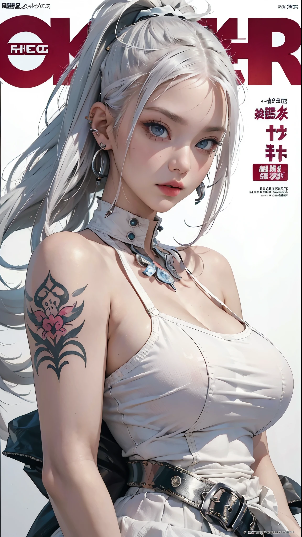 Best quality, Works of masters, A high resolution, 1girl, Super beautiful face, super beautiful eye, Super beautiful platinum white mohawk hair，(MagazineCover:1.2)，Trendy Harajuku-inspired rock outfits，Expose shoulders, tons of tattoos and piercings, accentuated super huge enormously gigantic nude  and nipples exposed 