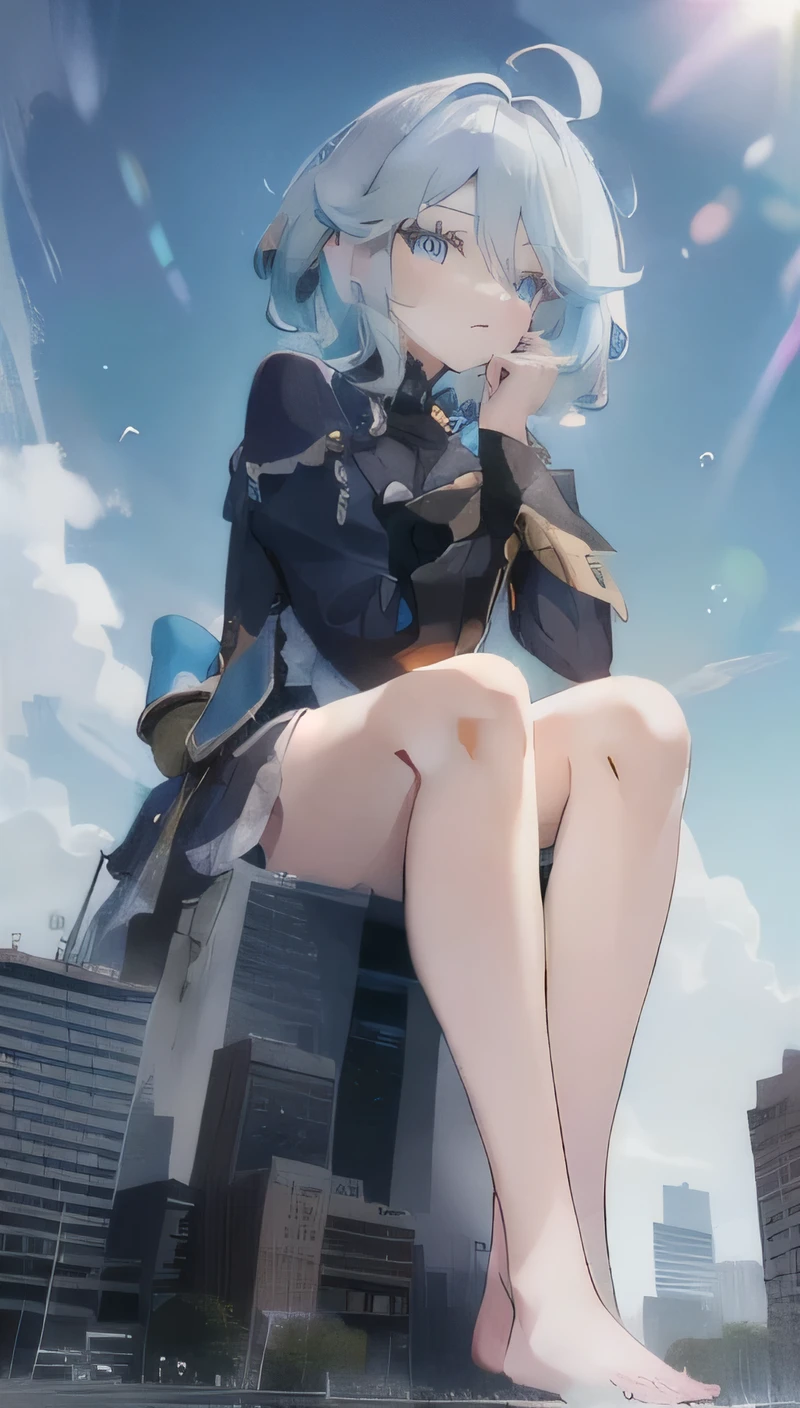 1 Girl,Shy,barefoot,white blue hair,blue eyes,Sitting on the Earth,line-up,line-upGiga,city building,line-upCity,Look up from the bottom up,whole body