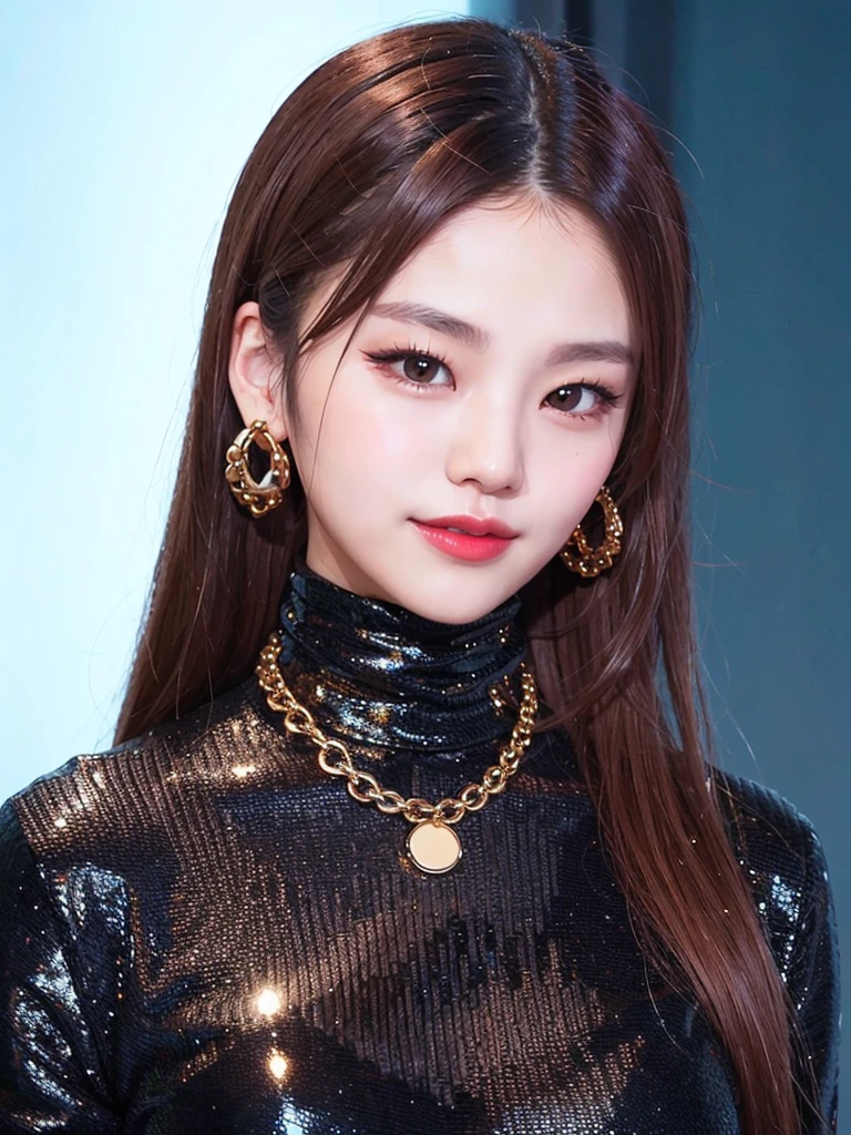 portrait of yeji, black turtleneck top, golden chain, smiling, red lips, slender body,