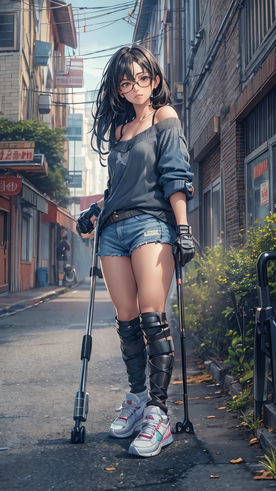 (Super detailed, realistic), streets scene, [Moderately:Oil], [Professional:1.1], [Physically based rendering], [bright colors], [sharp focus], [studio lighting], [extreme details], [highest quality,4k,8K,High resolution,masterpiece:1.2],(detailed face),outside the streets,((One 18-year-old woman)),(glasses),(black messy hair),(dark),(painful),(disgusting),[nervous eyes],(casual ladies fashion,off shoulder,denim shorts,fishnet pantyhose),((loose socks,sneakers)),(gloves,knee pads),((she walks on crutches,the crutches’s length are from armpit,the crutches are putting on her side)),((her legs are turning inward)).