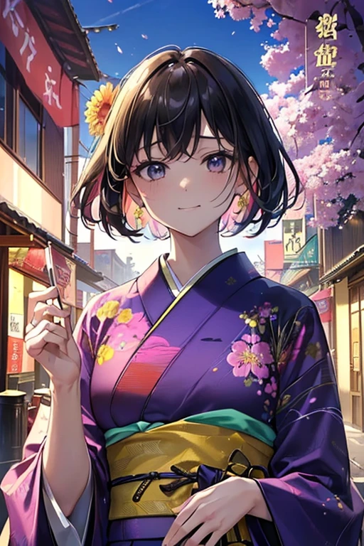 ((8K resolution))、((highest quality))、((masterpiece))、((Very detailed))((((dramatic))), (((Rough feeling))), (((intense))) magazineCover of、The main character is a handsome woman.、He stands confidently in the center of the poster,whole body、short hair,2 Blocks、hipster、kimono、There was a smile on her face。The background is colorful and grainy,I have strong feelings。The article is bold and eye-catching,Catchyなスローガンとともに,whole, The shadow is clear、Calm atmosphere。Colorful flowers々、sky green、pink、green、yellow、red、green、purple,Dotted with bright colorake the poster that'sitmic and visually striking,tachi-e (magazine:1.3), (Cover Style:1.3), Fashion Hub, Vibrant, clothing, Pose on top, front,Rich colors,that'sit,Be confident,Express,Halter neck,statement,Attachments,Majestic,coil,Around it,scene,article,Cover of,Boldness,to attract attention,title,Fashion Hub,Font,Catchy,titleオーレビッグ,Smart、Modern、tendency、I focus、Fashion Hub