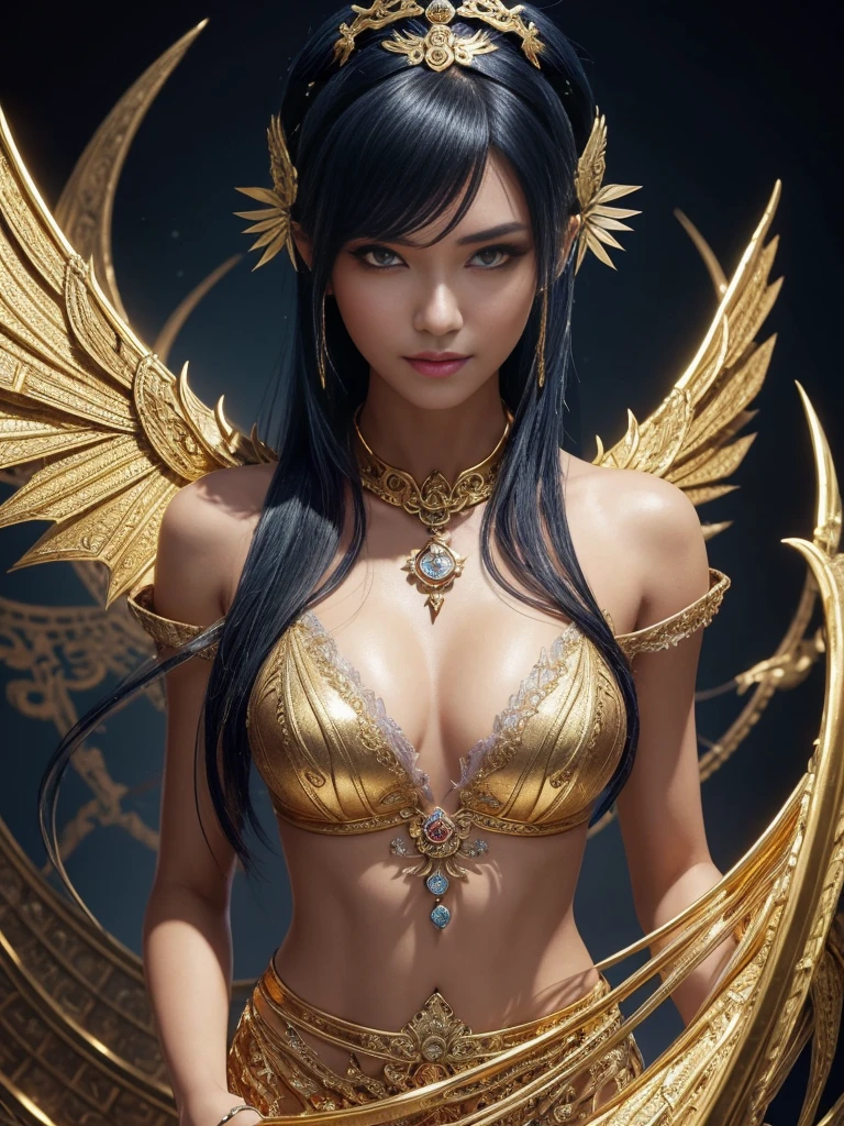 Adult woman, navy blue hair, The ends of gray hair, hairlong, beautiful hairstyle, hair ornament, white eyes, Chinese Clothing, Ornaments, Rings, Heels, Ancient Chinese themes, looking a viewer, Happy smile, overhead view, Lies on the money, gold coins, A mountain of money, Fantasy art, Beautiful painting of characters, Works of art in the style of Guvaika, epic exquisite character art, stunning character art, Beautiful rich Woman, perspective, really happy, closed eye, overhead view(reference sheet:1.5)anime, flat vector art, {stunning male Egyptian angel}, Luminous Studio graphics engine, goth Renaissance, long black hair with gold streaks, ethereal gold irises, tan skin, perfect and detailed angular sharp diamond shaped human face, Gold, Dragon tracing, full lips, {defined eyebrows}, crystals, glitter,Dragon detailed background, crimson uniform, sharp focus, perfect anatomy, extremely detailed illustration, approaching perfection, dynamic, intricate details, ultra high definition, 8k resolution, glamour, glimmer, ethereal, {art by Ayami Kojima}, {art by Heise}, artstation, aesthetic, gothic, Lace, concept art, smooth, dreamy, backlit, fantastical, shadows, smooth, illustration, androgynous