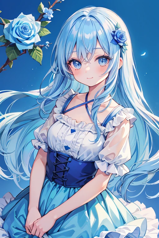 anime, watercolor medium, cute girl, has a single blue flower, bule rose, sweet, Pretty, blue hair, long hair, long eyelashes, smile, blue flower, blue rose background, pouring light, dress, front view, upper body, dutch angle shot