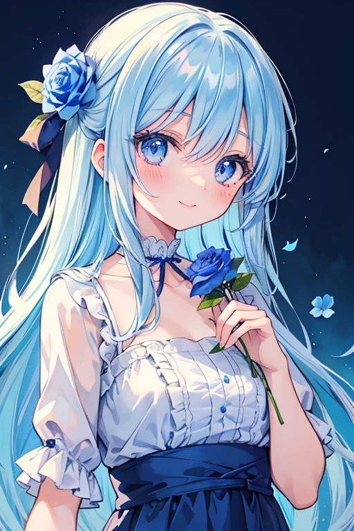 anime, watercolor medium, cute girl, has a single blue flower, bule rose, sweet, Pretty, blue hair, long hair, long eyelashes, smile, blue flower, blue rose background, pouring light, dress, front view, upper body, dutch angle shot