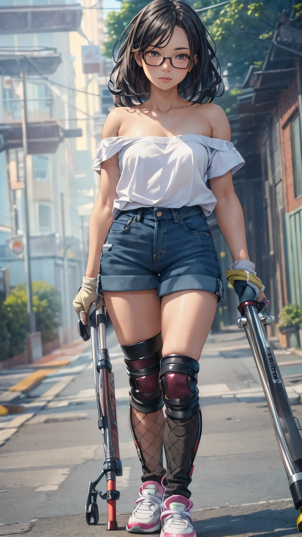 (Super detailed, realistic), streets scene, [Moderately:Oil], [Professional:1.1], [Physically based rendering], [bright colors], [sharp focus], [studio lighting], [extreme details], [highest quality,4k,8K,High resolution,masterpiece:1.2],(detailed face),outside the streets,((One 18-year-old woman)),(glasses),(black messy hair),(dark),(painful),(disgusting),[nervous eyes],(casual ladies fashion,off shoulder,denim shorts,fishnet pantyhose),((loose socks,sneakers)),(gloves,knee pads),((she walks on crutches,the crutches’s length are from armpit,the crutches are putting on her side)),((her legs are turning inward)).