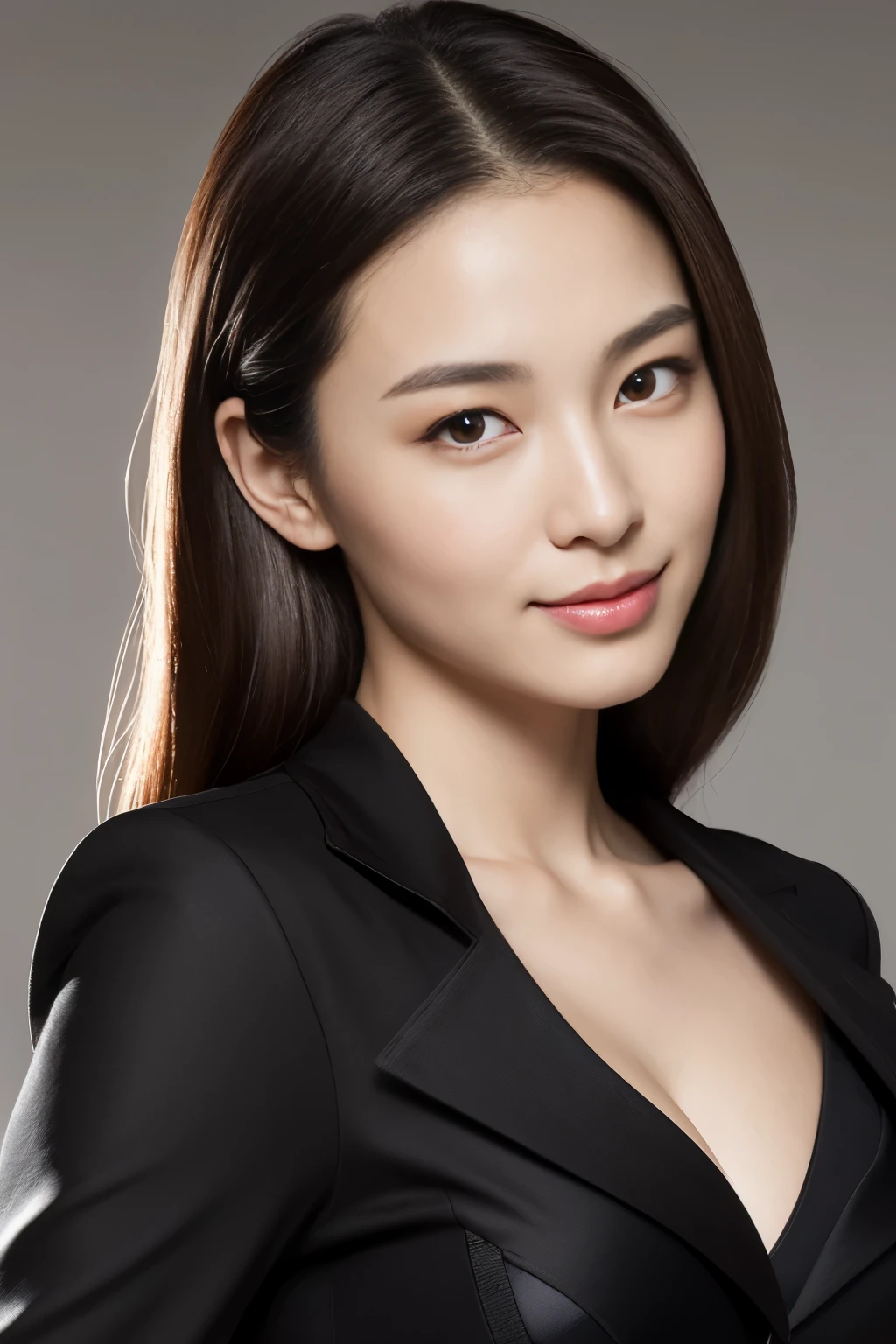 Create a (( mid-shot )) photorealistic image of a beautiful Asian woman with fair, smooth, flawless skin. She has large, round, sparkling eyes with naturally long and curled eyelashes, and well-defined, dark eyebrows. Her nose is straight and high, and her naturally pink, soft lips form a gentle smile. She has short, slightly curled brown hair that highlights her delicate facial features. Her face is oval-shaped, with a wide and high forehead, moderately high cheekbones, and a pointed, slender chin. She ((dark black fabric bra and biker jacket)),(
