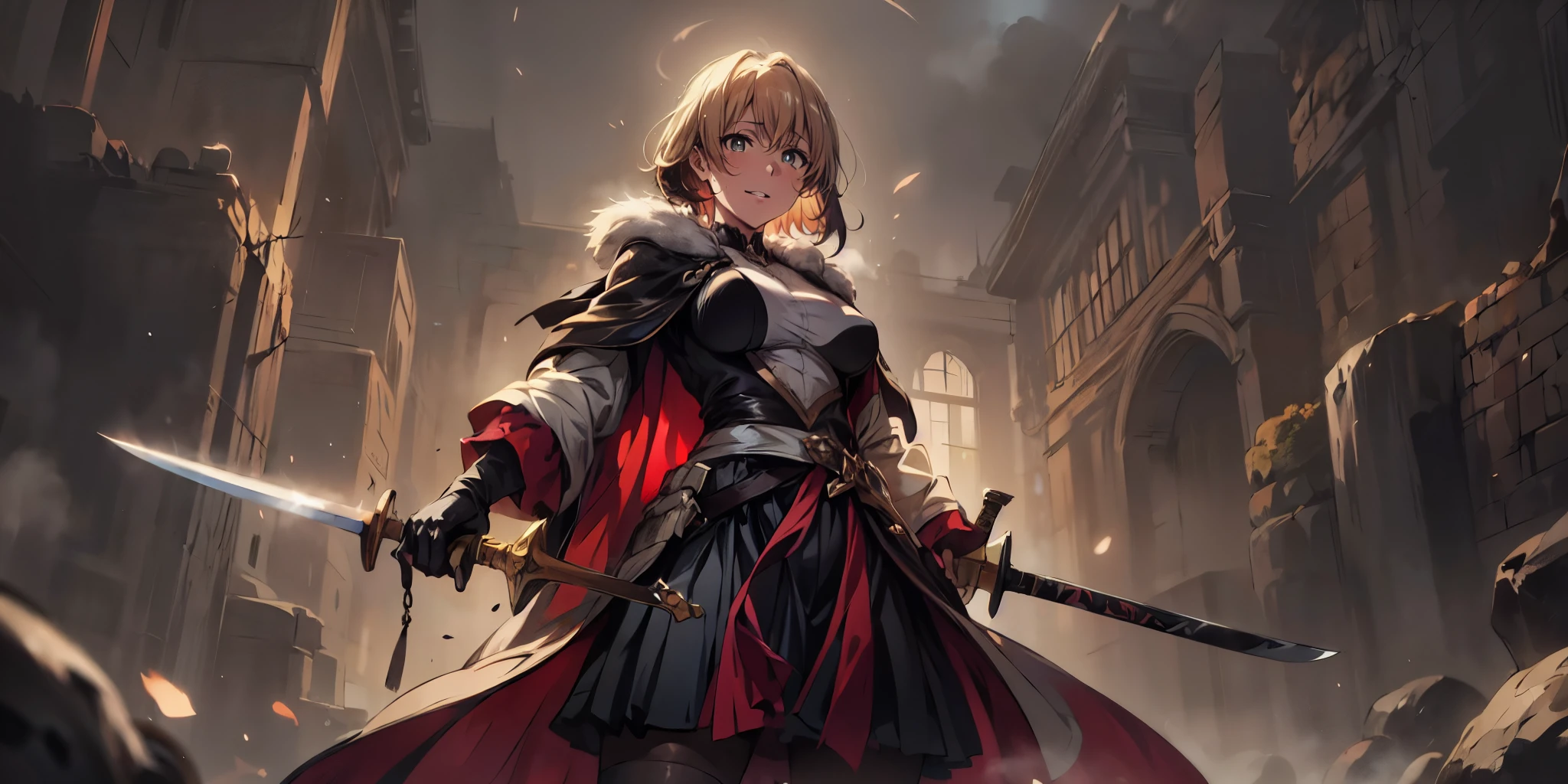 1girl, weapon, solo, green_eyes, short_hair, holding, blonde_hair, holding_weapon, sword, breasts, skirt, gloves, sword, holding_sword, black_gloves, standing, from_below, bangs, coat, medium_breasts, black_legwear, dress, belt, looking_at_viewer, sweating, steaming body, fog, cave, spotlight, backlighting, bokeh, (shaded face:1.2), hollow eyes, bright pupils,  grey eyes, looking at viewer. glowing eyes, (heavy breathing:1.2), seductive smile, upper teeth