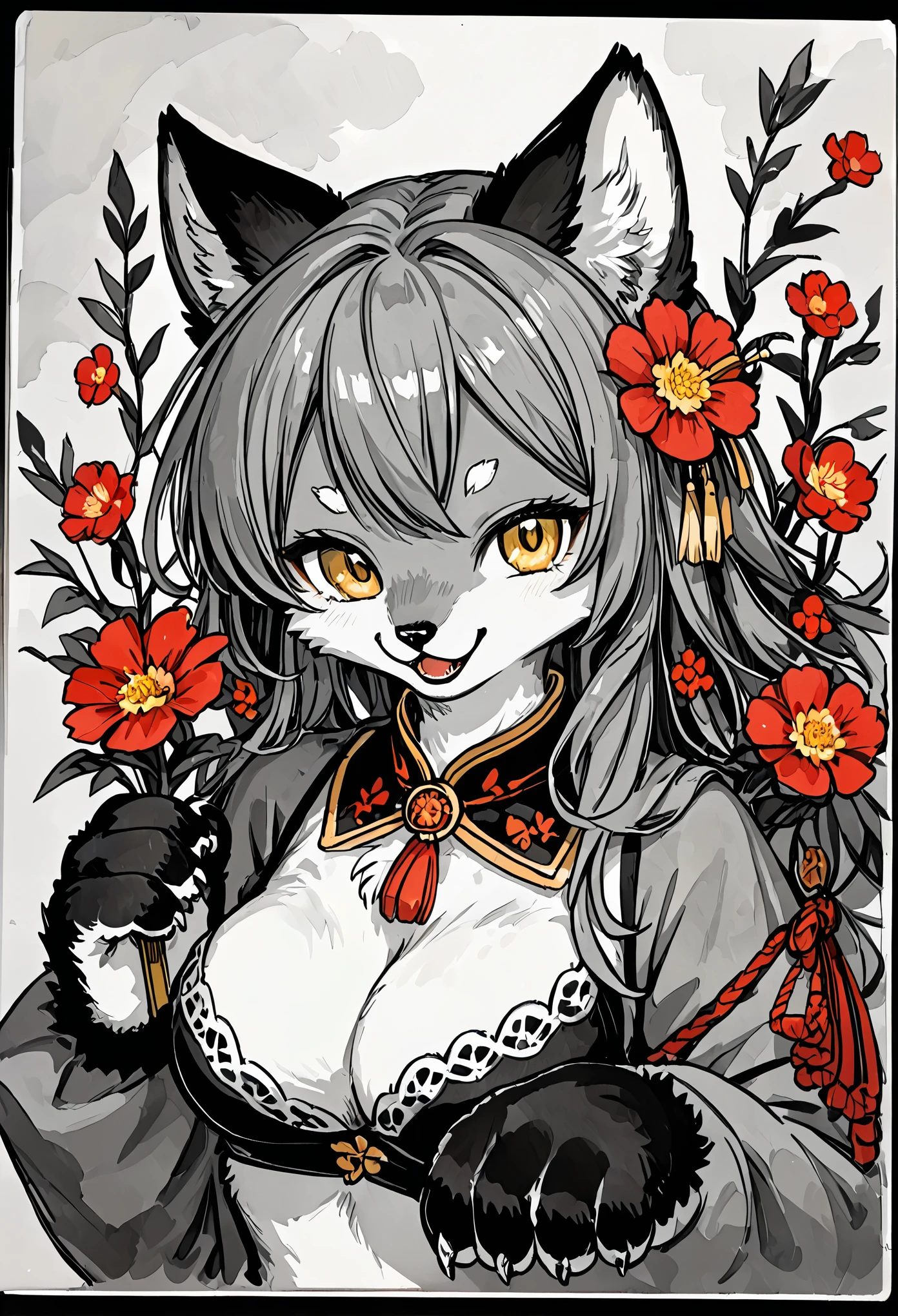 monochrome, watercolor, highres, top quality, best quality, paid reward available, High-quality illustrations, unparalleled masterpiece, perfect artwork, absurdres, 1girl, kemono, furry, detailed body fur, animal face, animal hand, Archaic Smile, holding a cluster of red flower in both hands, which are positioned at chest level, She is wearing a simple ring on the ring finger of her left hand, unfocused spread of red flower, fan-created work shared on platforms Pixiv or Twitter,