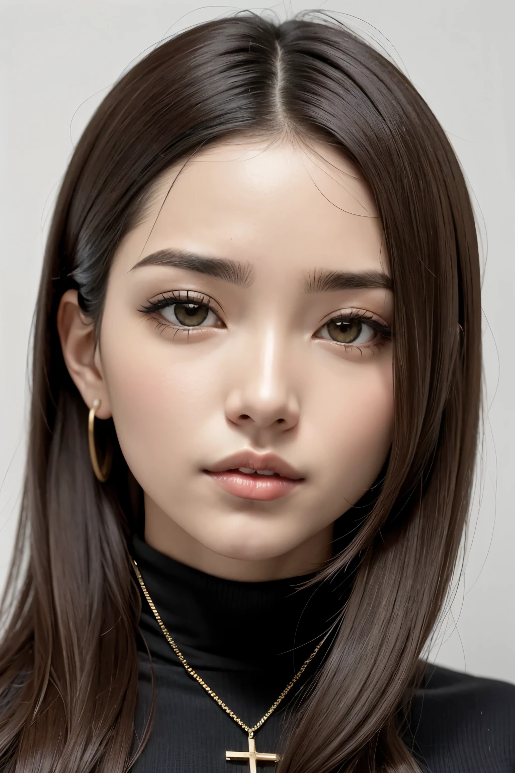 Create a mixed Portuguese and Japanese female character in anime style. Ela deve ter cabelo castanho escuro ondulado e curto, meio preso, sem franja. Her eyes are brown and almond-shaped, e ela tem uma pele clara. The character must be wearing a turtleneck and have visible tattoos. She has a septum piercing and a mole right above her lip.. Your expression should show a look of boredom, mas de forma sexy e atraente. A imagem deve ser um recorte de retrato.