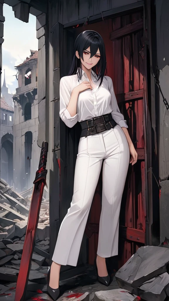 White blouse and long white trousers, woman, smart, sexy, with waist-length straight black hair, red eyes, and sinister grin, embodies traits of cruelty, torture, desire, deception, acknowledgment, rebellion, despair, destruction, extinction, ruin, murder, Manipulative, fearless, and cunning.