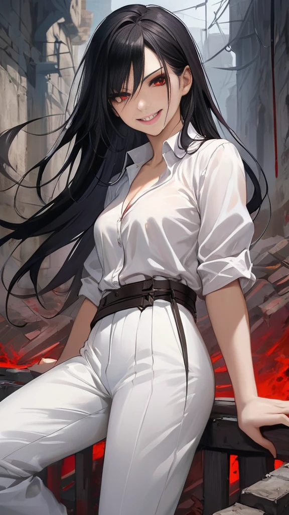 White blouse and long white trousers, woman, smart, sexy, with waist-length straight black hair, red eyes, and sinister grin, embodies traits of cruelty, torture, desire, deception, acknowledgment, rebellion, despair, destruction, extinction, ruin, murder, Manipulative, fearless, and cunning.