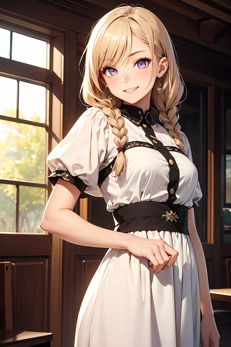 ((1 girl)), White dress , Simple, Cowboy Shot, Low perspective ,((Very detailed,highest quality, High resolution, 8k wallpaper, Beautiful clothes,)),((Beige Hair, Side braids,)) , (Light purple eyes), (teeth), Grinning face, eye shadow, eyeliner,Glow Eye, Very detailedな目, Clear Eyes, Beautiful Eyes, 18-year-old girl