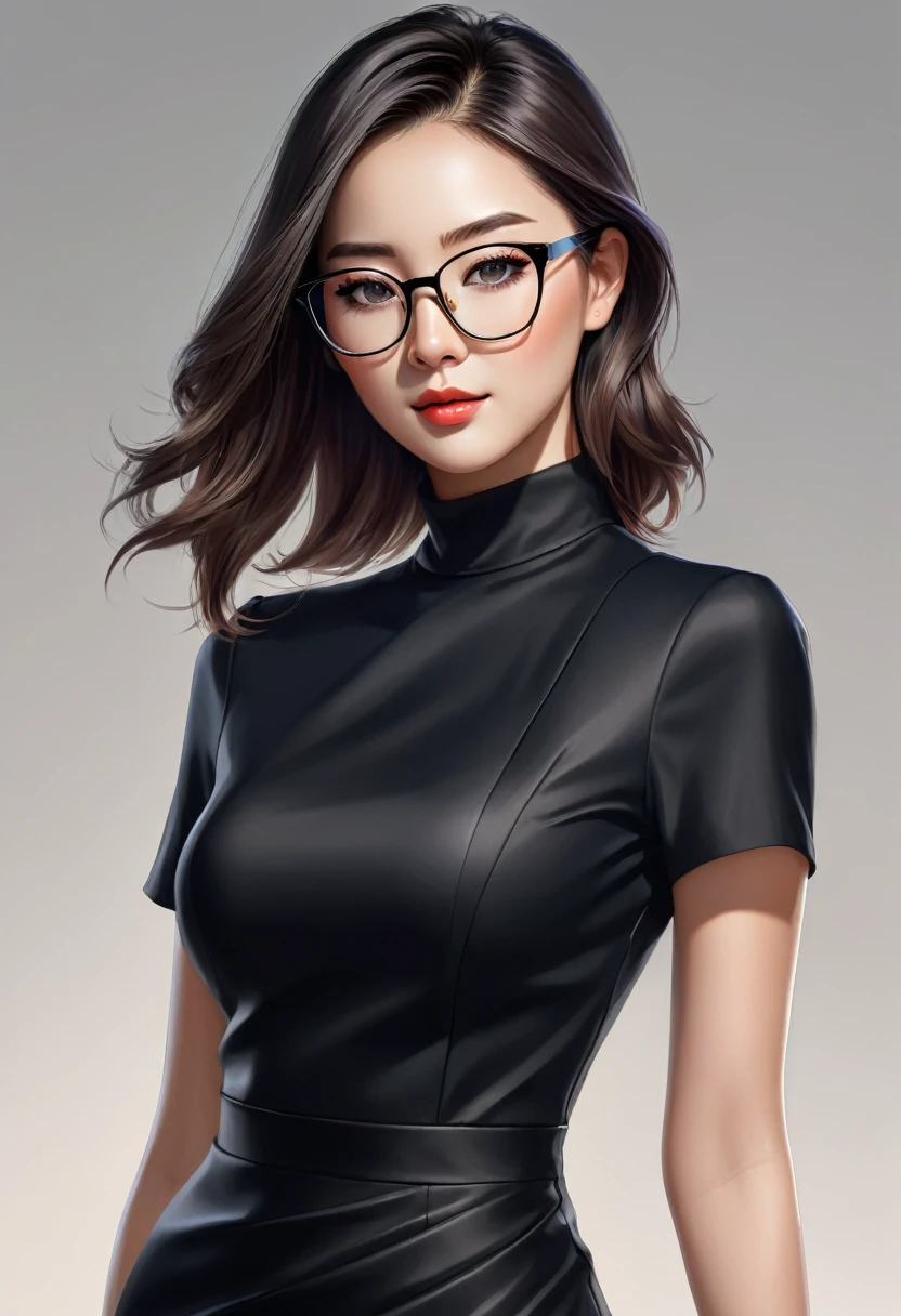 A stunning digital portrait of a woman in a sleek black dress and stylish glasses, rendered in a realistic anime style by the talented Yang J.