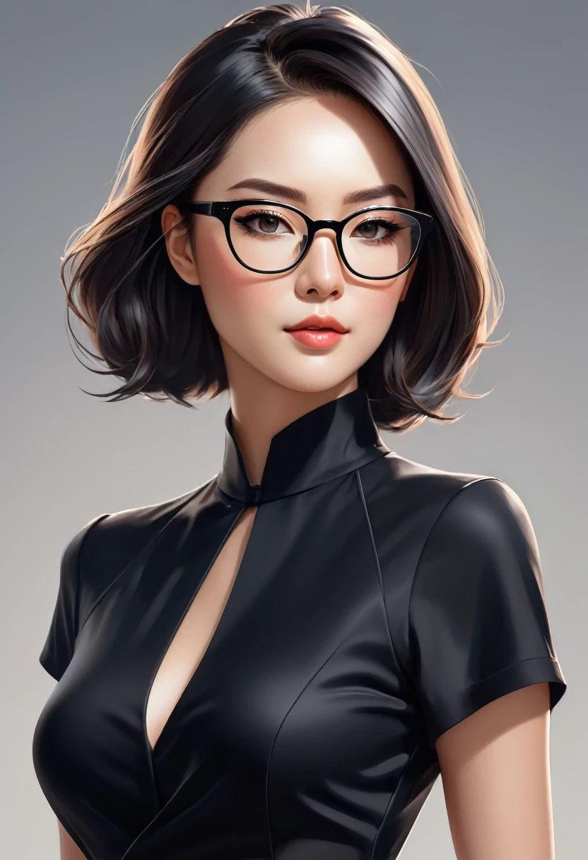 A stunning digital portrait of a woman in a sleek black dress and stylish glasses, rendered in a realistic anime style by the talented Yang J.