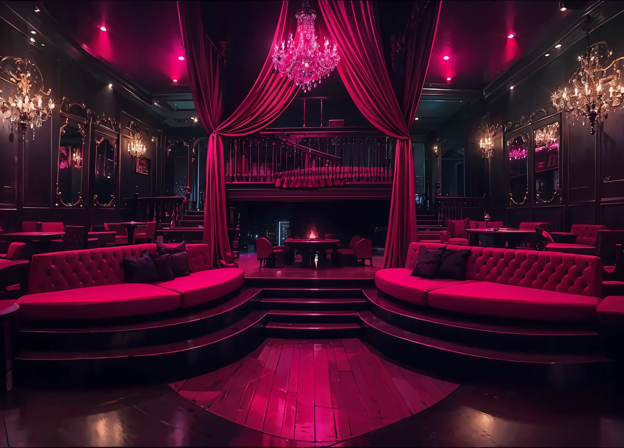 The interior of the Taboo themed nightclub. sheer tulle, sheer curtains, many curtains The room is two-story, so you also need to add a spiral staircase that will be hardly noticeable from the outside. As extras, use people in evening dresses with masks on their faces. Private sofas with a table are draped with translucent fabrics. The lilac-colored walls are covered with velvet