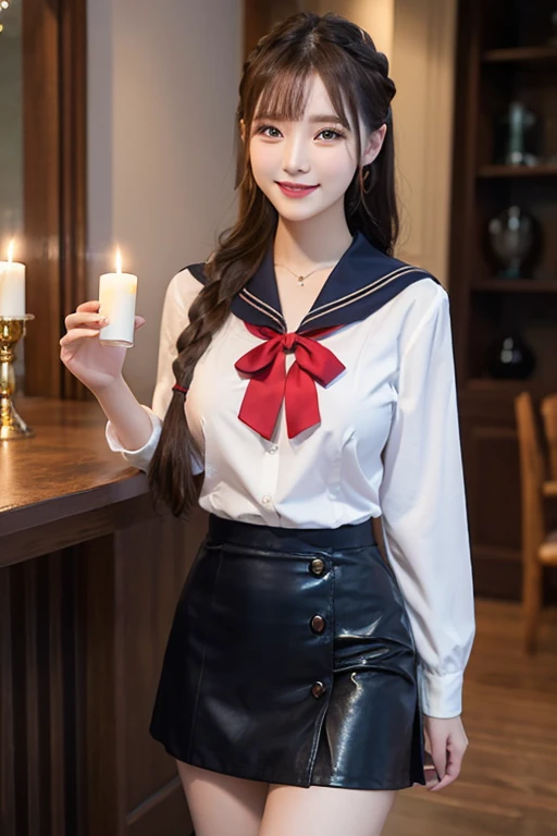 (highest quality、High resolution、detailed background、8K)、Beautiful and dense face、beautiful and smooth skin、skin texture、professional lighting、Beautiful girl in her 20s、two women、brown hair、braided hairstyles、(huge breasts:1.3)、realistic、perfect body line、 (Enjoy a romantic dinner by candlelight)、Calm atmosphere、 Confidence and Charm、Express yourself with confidence、Charm、 (Try wearing sailor uniform-style tops and for a sexy look.)、 Choose tops that fit well with your body line.、 Fits perfectly around the chest and waist, emphasizing feminine curves.、 Adding details such as lace or ribbons around the décolletage and shoulders can create a sexy look.、 Generally speaking, traditional sailor uniform style tops with a white or navy base with red or black details are popular, but you can also choose tops with other bright colors or patterns.、 Choose a miniskirt that fits well with your body line.、 A secure fit from the waist to the hips, making your legs look beautiful.、 The tight silhouette of the skirt emphasizes your sexiness.、 We recommend designs that highlight the hip line and thigh curves.、 Dark colors such as black and navy bring out your sexiness.、 Skirts made of leather or shiny fabric also give a sexy impression.、 By incorporating feminine accessories such as ribbons and chokers, you can create a cute and sexy look at the same time.、Pair it with high heels to make your legs look beautiful.、 High-heeled boots emphasize sexiness、 looking at me with a happy expression、laughing、smiling、sexual expression、cute