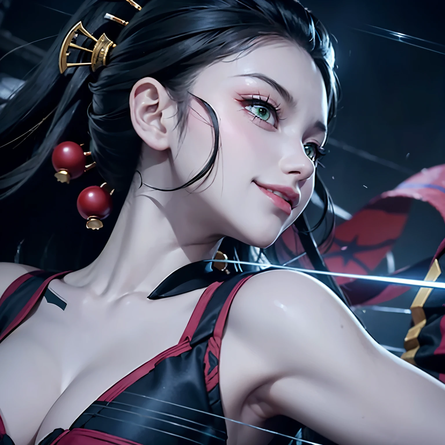 NFV, ДеVушка без одежды, V, perfect cosplay, pale skin, expenses, hand on waist, smiling, черные Vолосы, заколки для Vолос, Geisha, ТатуироVки демоноV, green eyes, realism, очень детализироVанные глаза, Четкие татуироVки