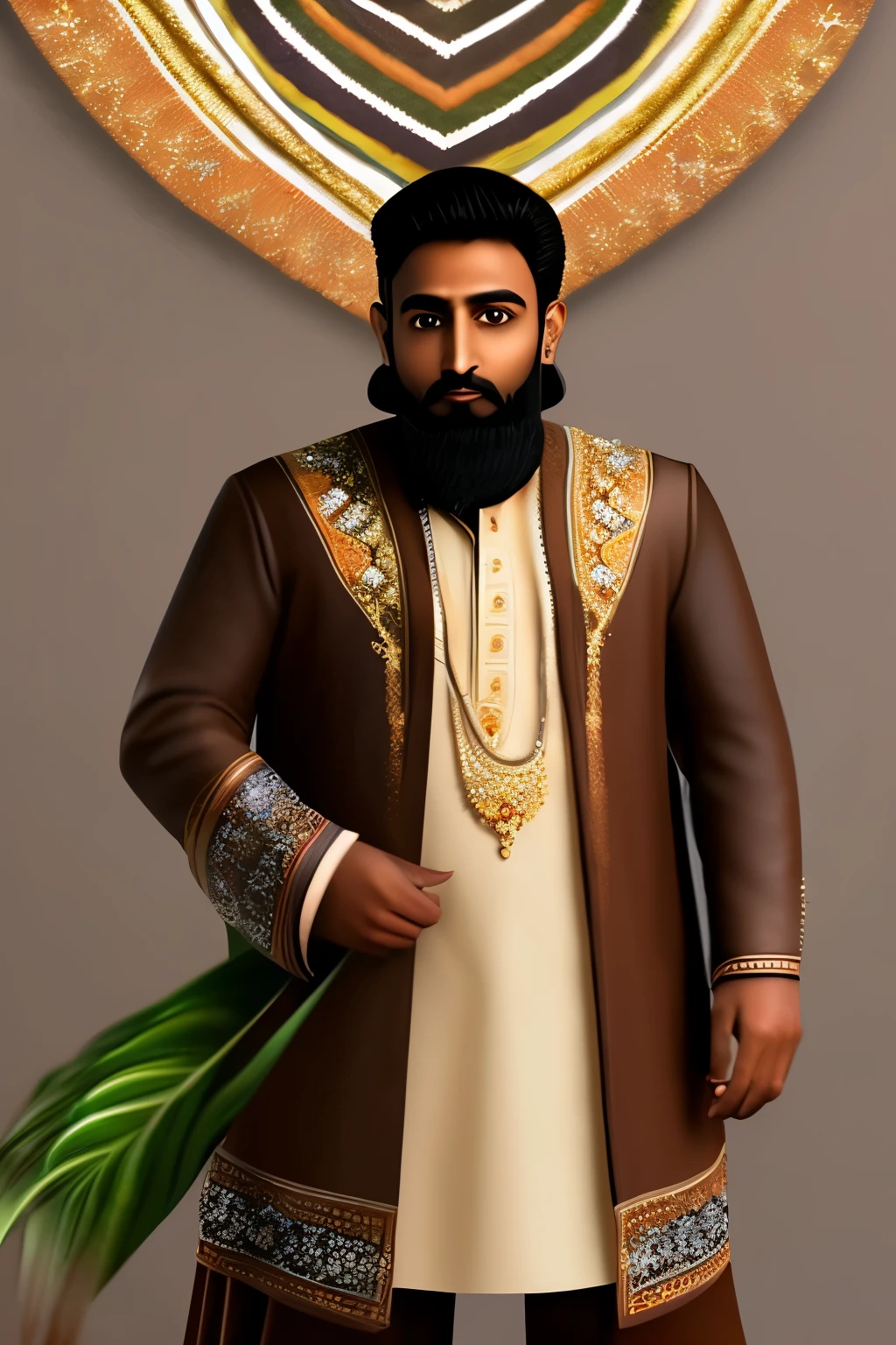 Create a full-body digital image of Faiz the Eco-Magician standing against a neutral grey backdrop, ready to present themselves to patrons. Faiz has a warm, medium-brown skin tone reflecting their South Asian heritage, a round face with a friendly and inviting expression, large almond-shaped brown eyes that sparkle with curiosity and kindness, and gently arched eyebrows. Their hair is black, medium length, and styled in soft waves, with a few strands playfully falling across their forehead. Faiz_looks_very earthern belonging to the earth