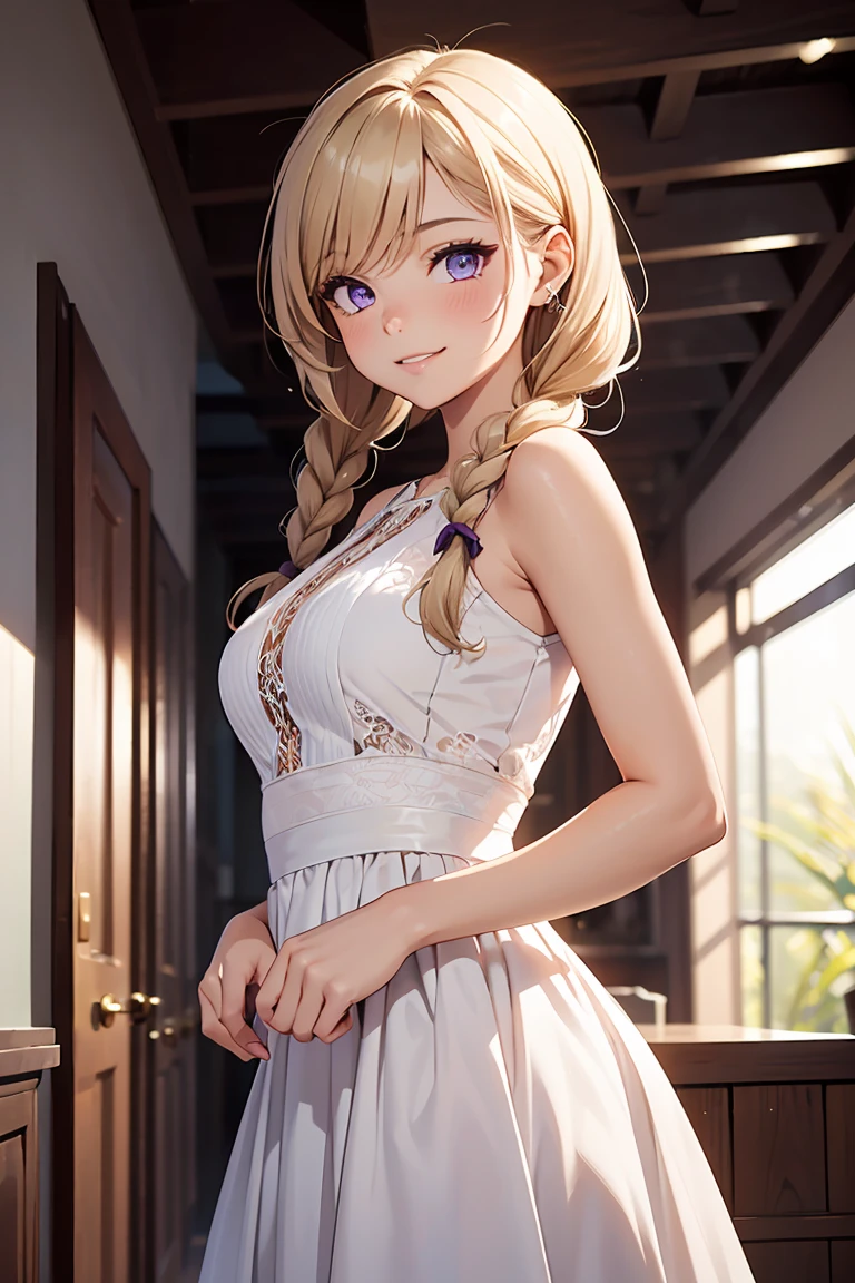 ((1 girl)), Simple white dress , Simple, Cowboy Shot, Low perspective ,((Very detailed,highest quality, High resolution, 8k wallpaper, Beautiful clothes,)),((Beige Hair, Braids on the sides,)) , (Light purple eyes), (teeth), Grinning face, eye shadow, eyeliner,Glow Eye, Very detailedな目, Clear Eyes, Beautiful Eyes, 18-year-old girl