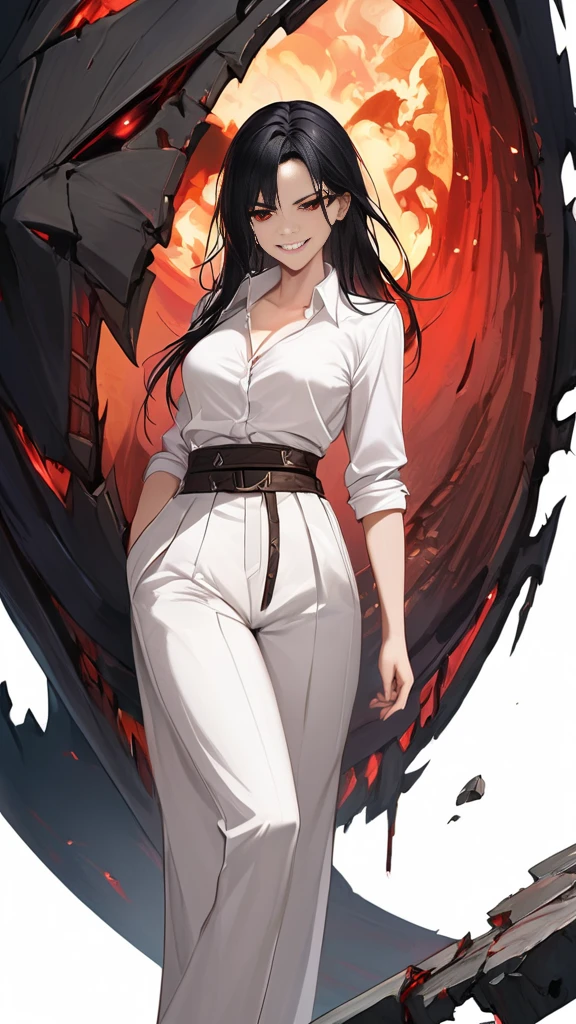 White blouse and long white trousers, woman, smart, sexy, with waist-length straight black hair, red eyes, and sinister grin, embodies traits of cruelty, torture, desire, deception, acknowledgment, rebellion, despair, destruction, extinction, ruin, murder, Manipulative, fearless, and cunning. White background.