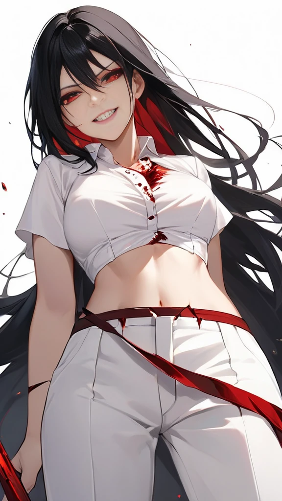 White blouse and long white trousers, woman, smart, sexy, with waist-length straight black hair, red eyes, and sinister grin, embodies traits of cruelty, torture, desire, deception, acknowledgment, rebellion, despair, destruction, extinction, ruin, murder, Manipulative, fearless, and cunning. White background.