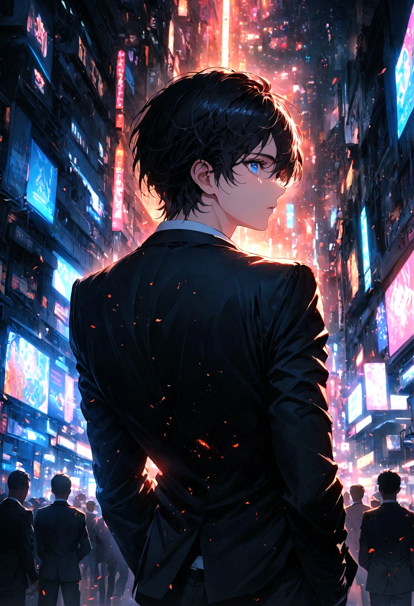 A black-haired, blue-eyed man in a black suit turned his back and half his face in the middle of the city at night.