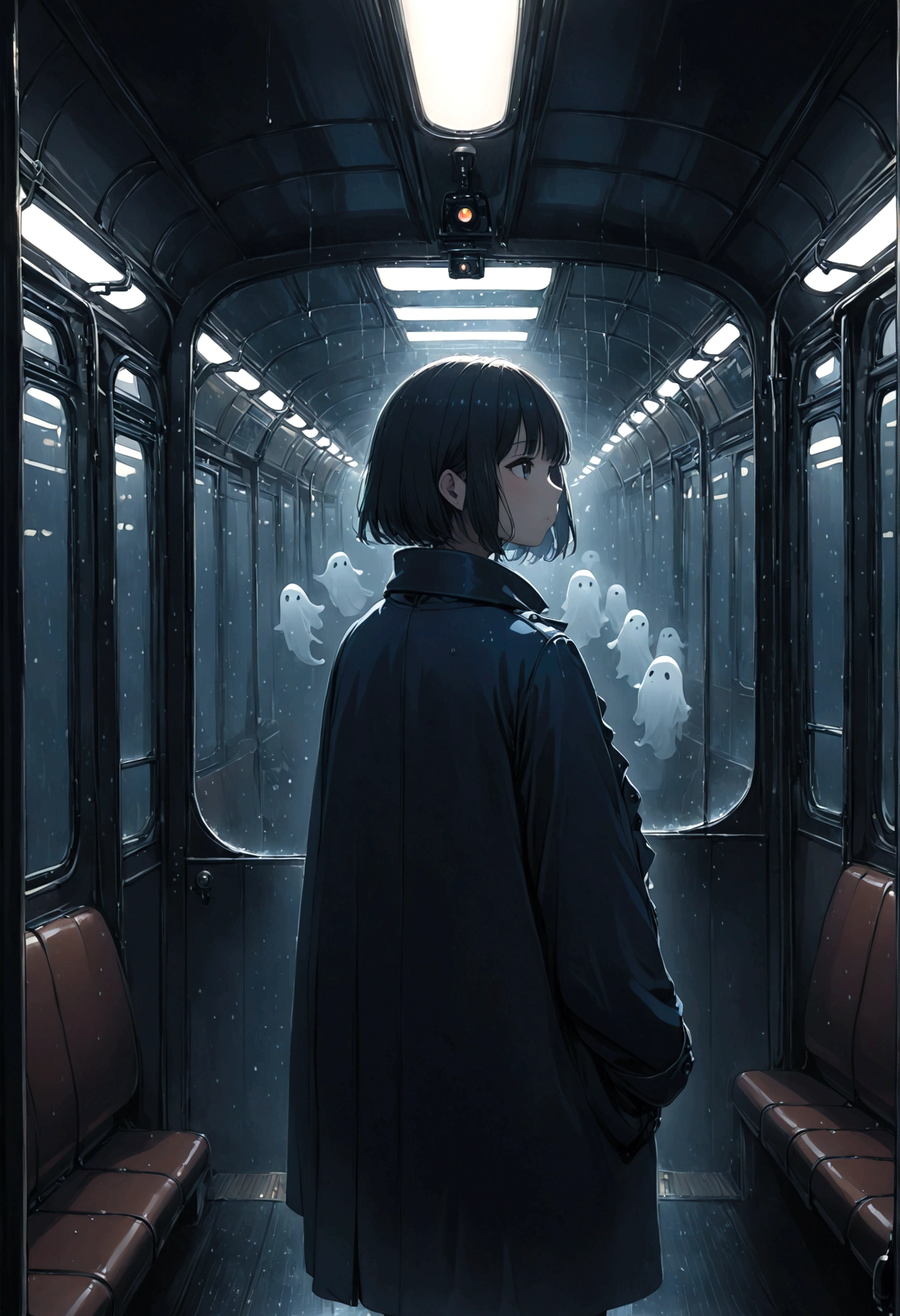 ((masterpiece), Absurd quality, 16k, 1 girl with short hair, Wearing a dark blue coat, She's long, Dimly lit subway. The perspective camera captures the entire vehicle. In the carriage, At the very back, In a dark corner not well lit by the flashing lights, A No-Face ghost appears wearing a transparent black outfit, It is translucent, The lighting is so dim that I can barely see anything. The girl in profile is breathing in the cold air from her breath. A dim light shines in from outside through the cold raindrops on the fogged-up windows, illuminating the atmosphere inside the car..A girl with a calm and thoughtful expression, Silently watched over by No-Face.