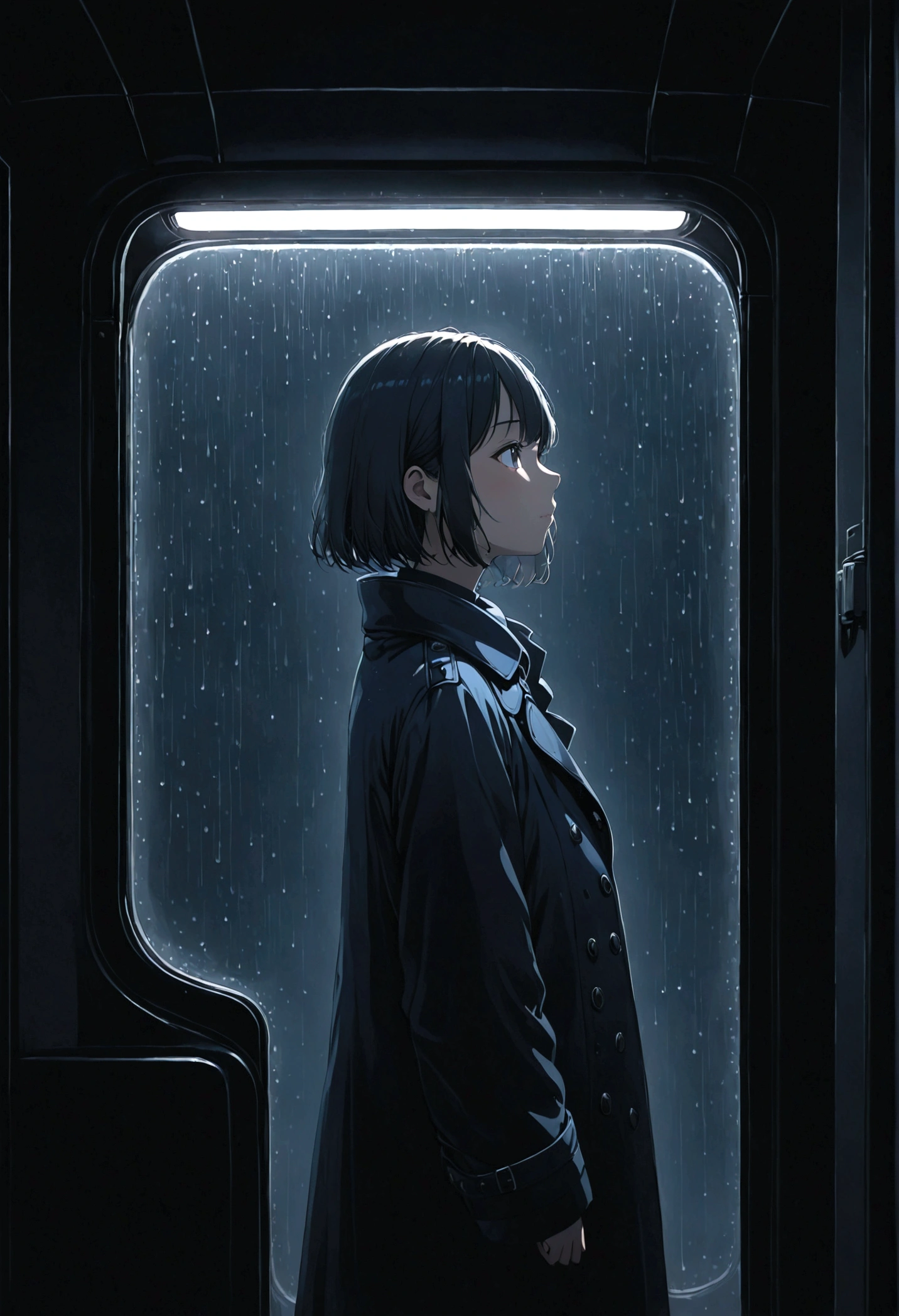 ((masterpiece), Absurd quality, 16k, 1 girl with short hair, Wearing a dark blue coat, She's long, Dimly lit subway. The perspective camera captures the entire vehicle. In the carriage, At the very back, In a dark corner not well lit by the flashing lights, A No-Face ghost appears wearing a transparent black outfit, It is translucent, The lighting is so dim that I can barely see anything. The girl in profile is breathing in the cold air from her breath. A dim light shines in from outside through the cold raindrops on the fogged-up windows, illuminating the atmosphere inside the car..A girl with a calm and thoughtful expression, Silently watched over by No-Face.