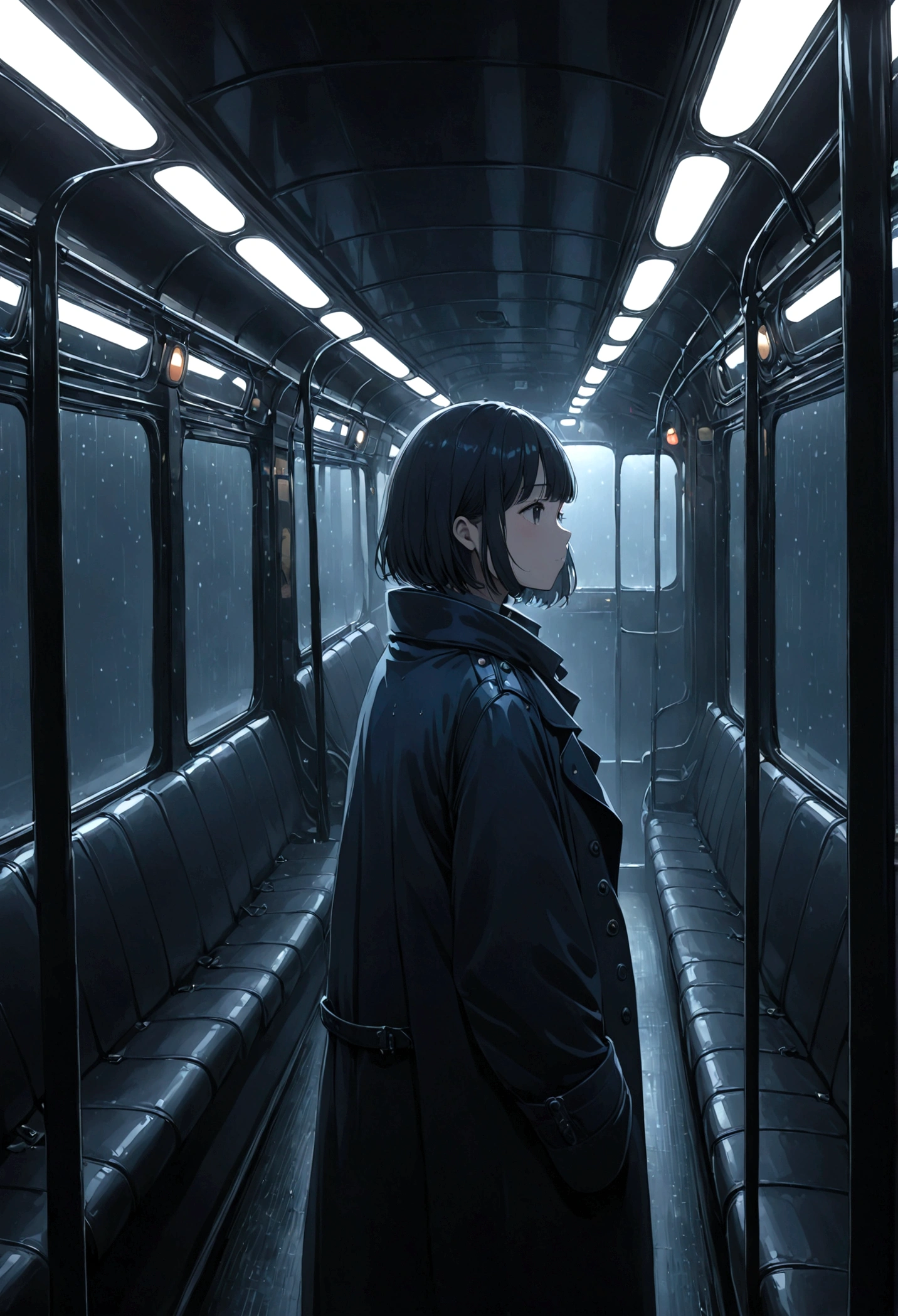 ((masterpiece), Absurd quality, 16k, 1 girl with short hair, Wearing a dark blue coat, She's long, Dimly lit subway. The perspective camera captures the entire vehicle. In the carriage, At the very back, In a dark corner not well lit by the flashing lights, A No-Face ghost appears wearing a transparent black outfit, It is translucent, The lighting is so dim that I can barely see anything. The girl in profile is breathing in the cold air from her breath. A dim light shines in from outside through the cold raindrops on the fogged-up windows, illuminating the atmosphere inside the car..A girl with a calm and thoughtful expression, Silently watched over by No-Face.