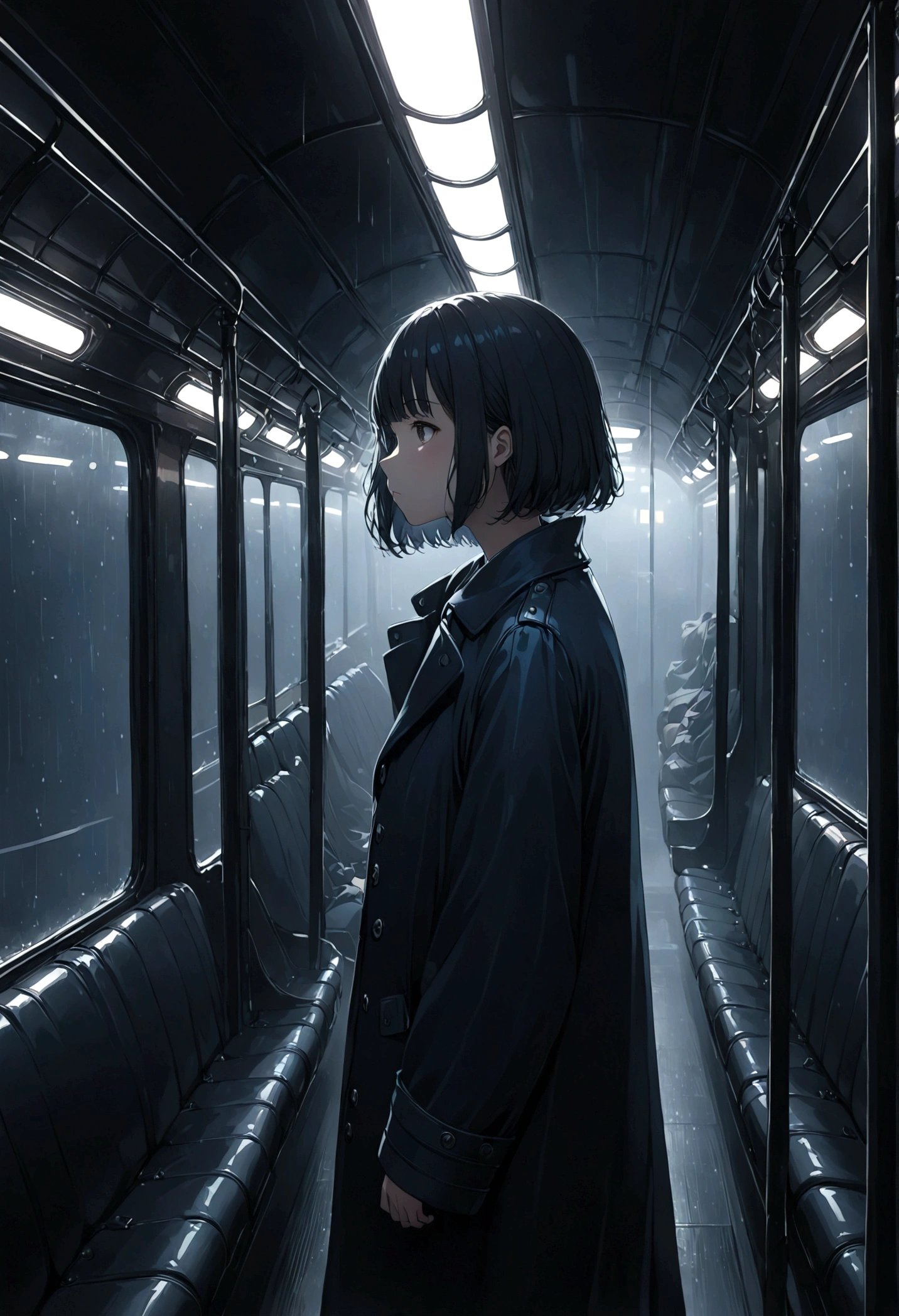 ((masterpiece), Absurd quality, 16k, 1 girl with short hair, Wearing a dark blue coat, She's long, Dimly lit subway. The perspective camera captures the entire vehicle. In the carriage, At the very back, In a dark corner not well lit by the flashing lights, A No-Face ghost appears wearing a transparent black outfit, It is translucent, The lighting is so dim that I can barely see anything. The girl in profile is breathing in the cold air from her breath. A dim light shines in from outside through the cold raindrops on the fogged-up windows, illuminating the atmosphere inside the car..A girl with a calm and thoughtful expression, Silently watched over by No-Face.