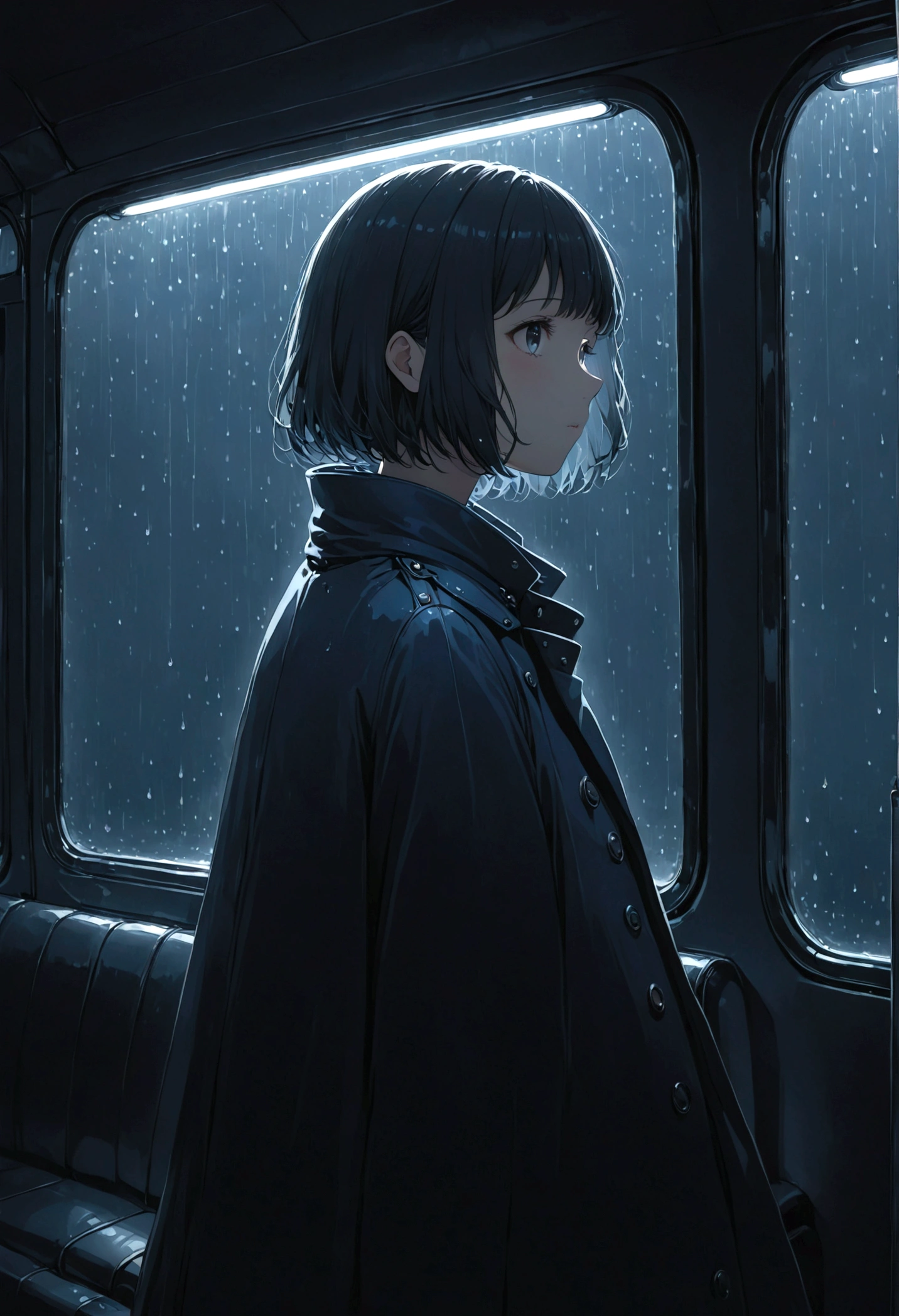 ((masterpiece), Absurd quality, 16k, 1 girl with short hair, Wearing a dark blue coat, She's long, Dimly lit subway. The perspective camera captures the entire vehicle. In the carriage, At the very back, In a dark corner not well lit by the flashing lights, A No-Face ghost appears wearing a transparent black outfit, It is translucent, The lighting is so dim that I can barely see anything. The girl in profile is breathing in the cold air from her breath. A dim light shines in from outside through the cold raindrops on the fogged-up windows, illuminating the atmosphere inside the car..A girl with a calm and thoughtful expression, Silently watched over by No-Face.