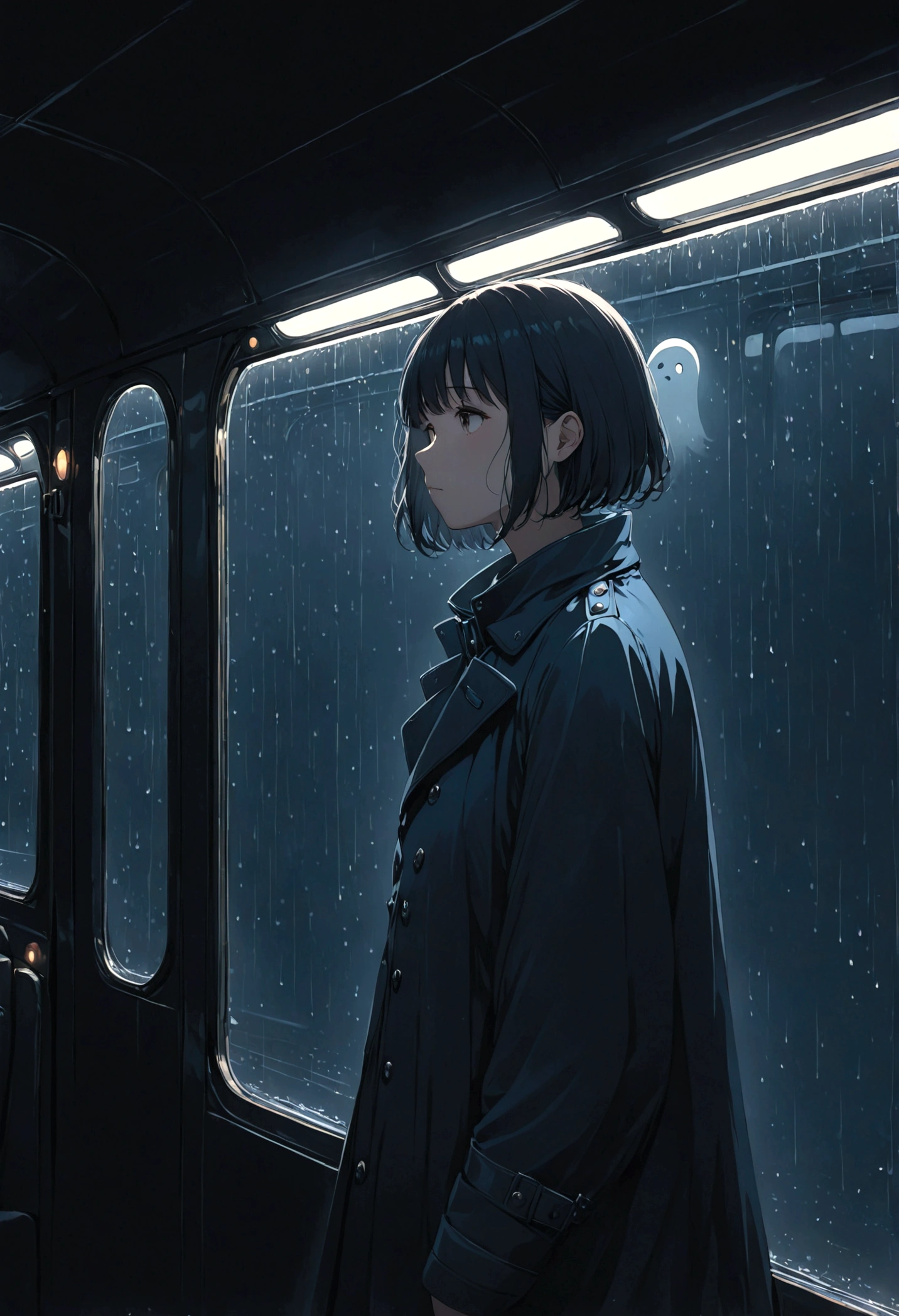 ((masterpiece), Absurd quality, 16k, 1 girl with short hair, Wearing a dark blue coat, She's long, Dimly lit subway. The perspective camera captures the entire vehicle. In the carriage, At the very back, In a dark corner not well lit by the flashing lights, A No-Face ghost appears wearing a transparent black outfit, It is translucent, The lighting is so dim that I can barely see anything. The girl in profile is breathing in the cold air from her breath. A dim light shines in from outside through the cold raindrops on the fogged-up windows, illuminating the atmosphere inside the car..A girl with a calm and thoughtful expression, Silently watched over by No-Face.