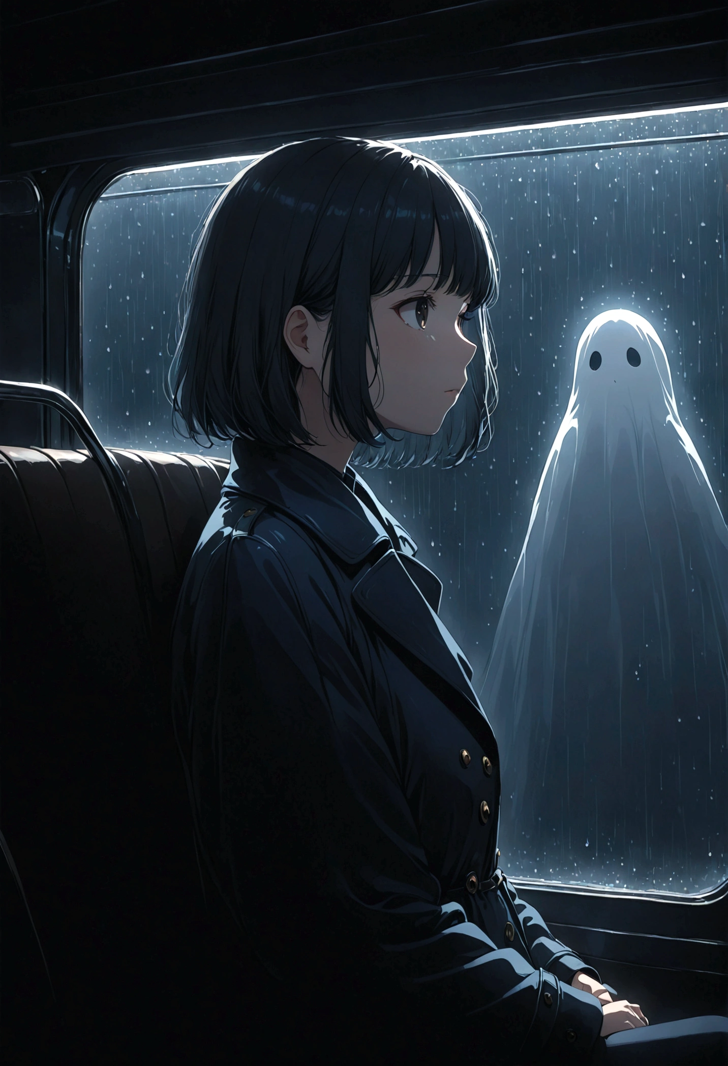 ((masterpiece), Absurd quality, 16k, 1 girl with short hair, Wearing a dark blue coat, She's long, Dimly lit subway. The perspective camera captures the entire vehicle. In the carriage, At the very back, In a dark corner not well lit by the flashing lights, A No-Face ghost appears wearing a transparent black outfit, It is translucent, The lighting is so dim that I can barely see anything. The girl in profile is breathing in the cold air from her breath. A dim light shines in from outside through the cold raindrops on the fogged-up windows, illuminating the atmosphere inside the car..A girl with a calm and thoughtful expression, Silently watched over by No-Face.