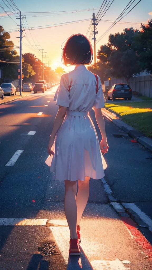 girl walking with short bob hair,View from behind,A shining sunset,sunset,The road that continues far away,White and red clothes,Small figure