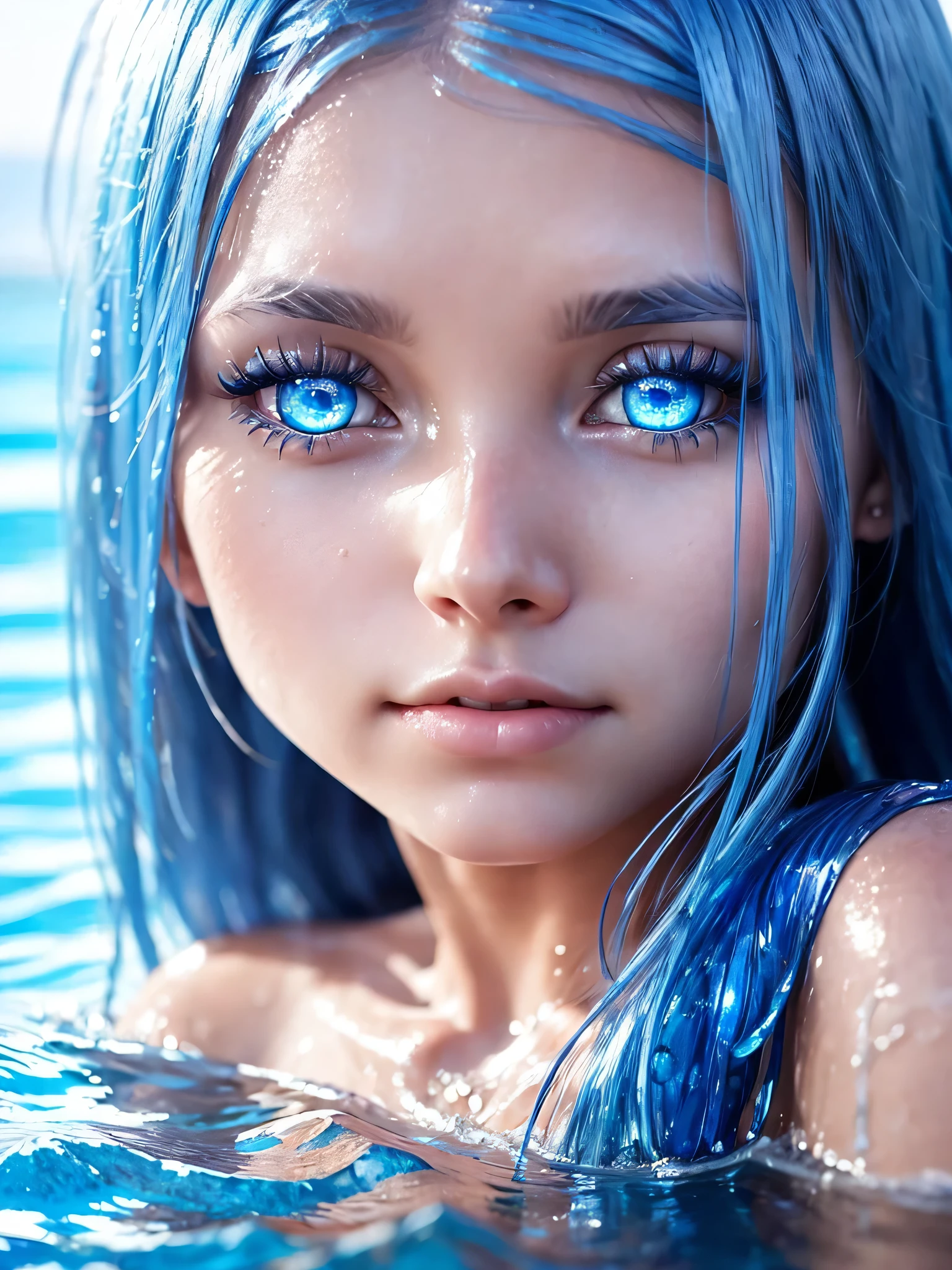 close up, portrait, 1girl, female water spirit, silver blue colored hair, 
She is just emerging from the water, soaking wet. Her blue eyes bright and staring at the viewer. Defiant sexy look.