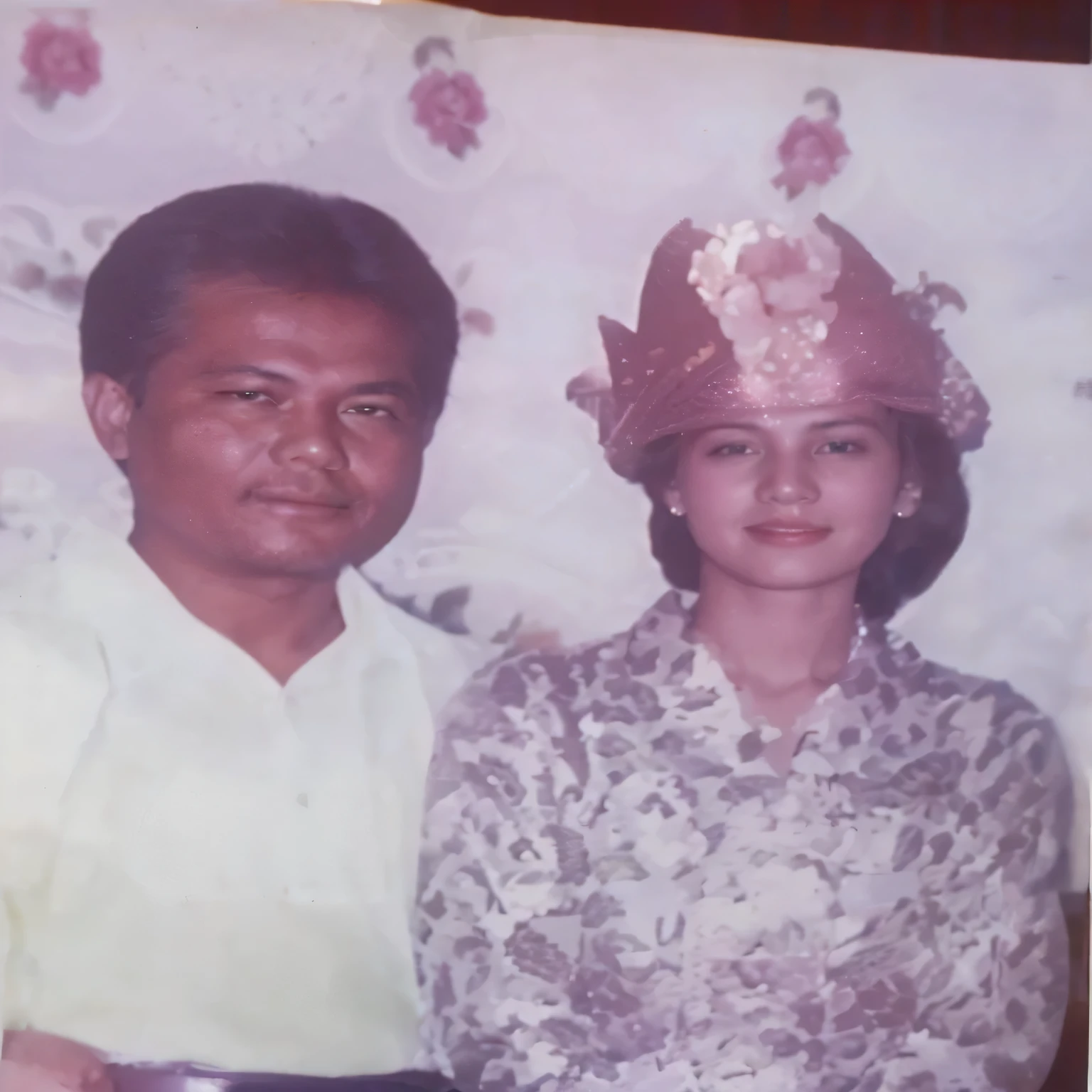 there is a man and woman posing for a picture together, momma and papa, old picture, wedding photo, wpol and sarasti, old photo, with her long, in 1 9 8 5, 1980s photo, 1 9 8 0 s photo, colored photo, barong family member, photo 1 9 9 0 s, barong family